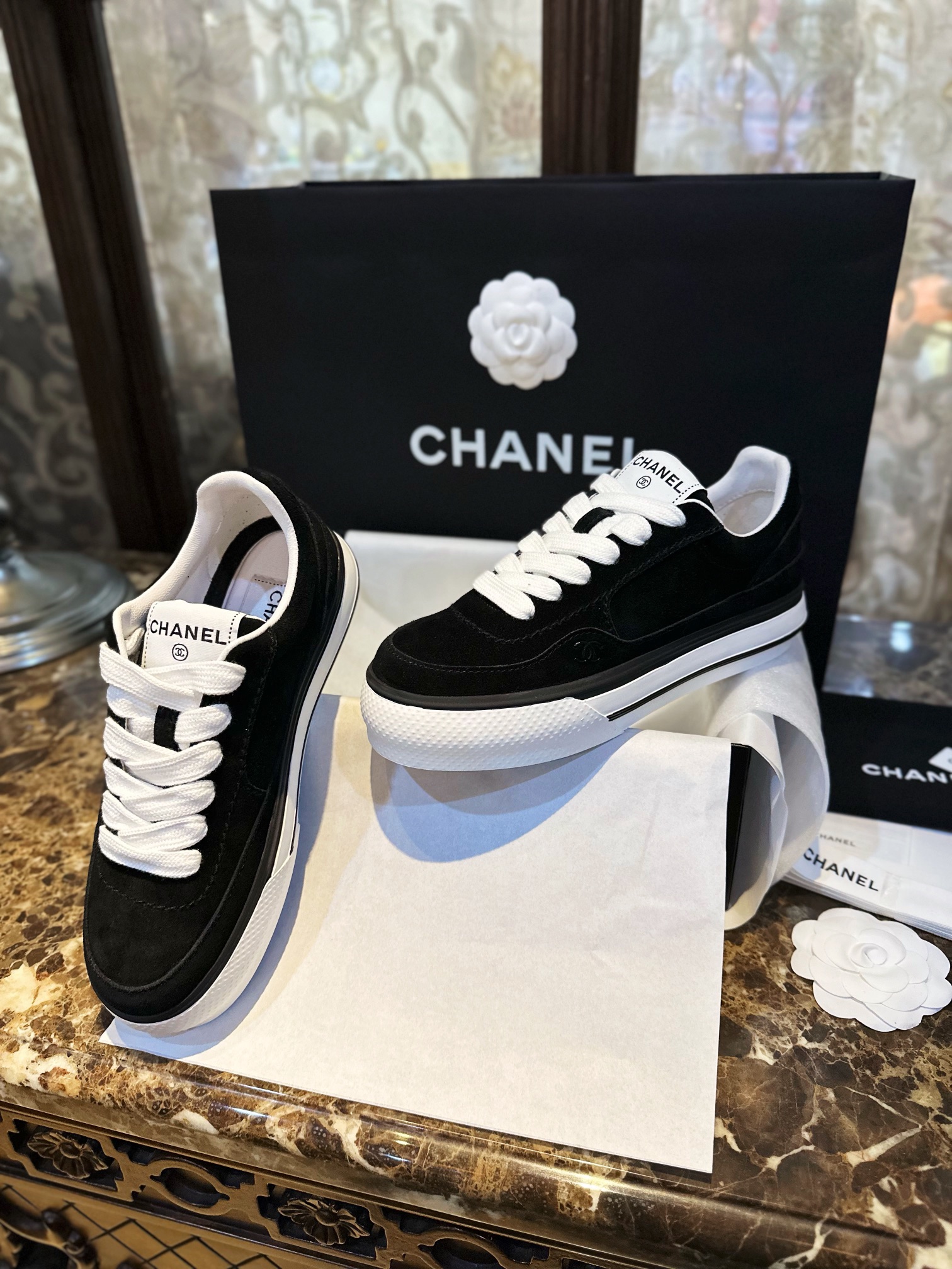 Chanel Black Suede Panda Skate Shoes: Pure Black Upper + Black TPU Chunky Sole Combo