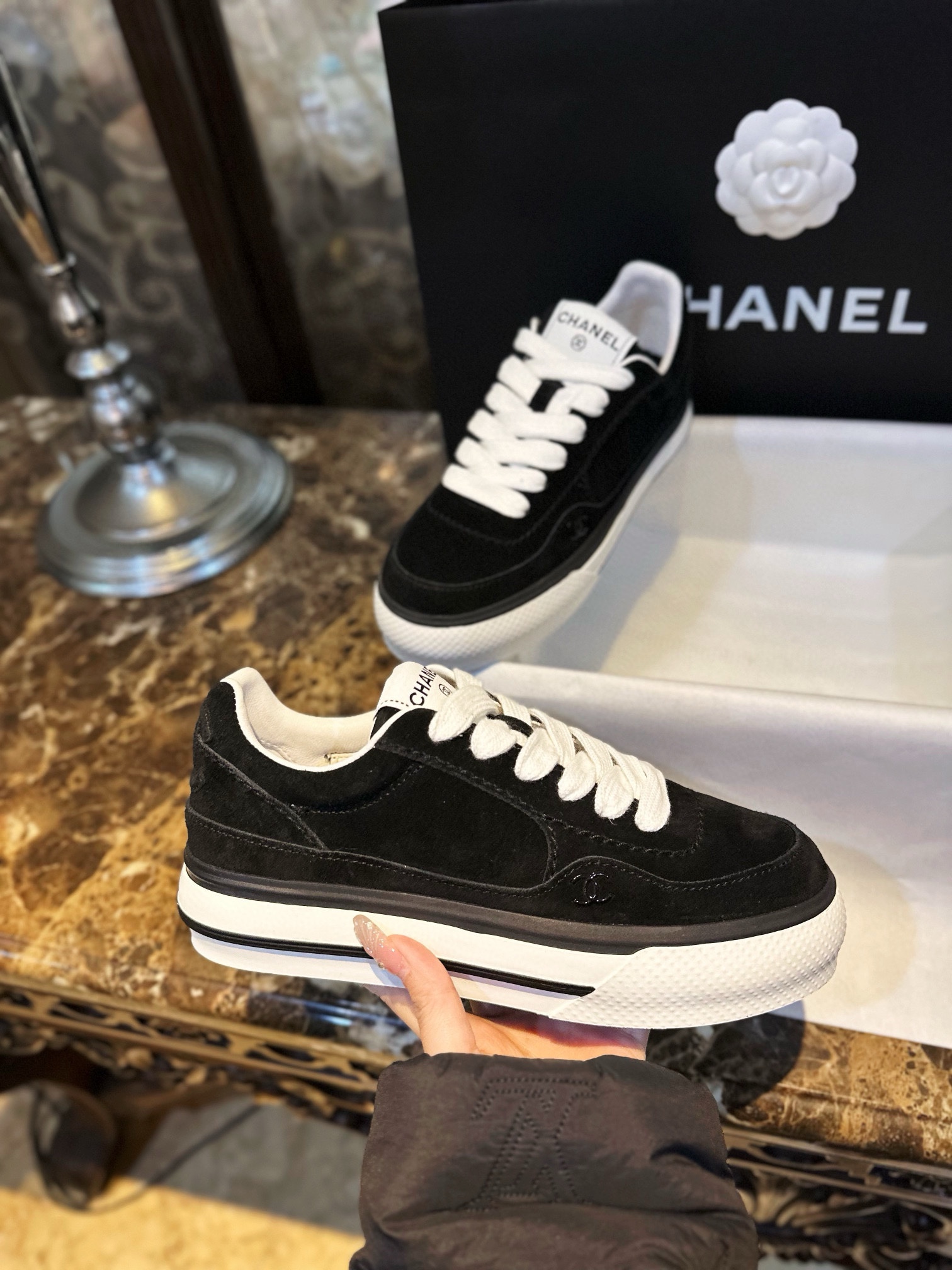 Chanel Black Suede Panda Skate Shoes: Pure Black Upper + Black TPU Chunky Sole Combo