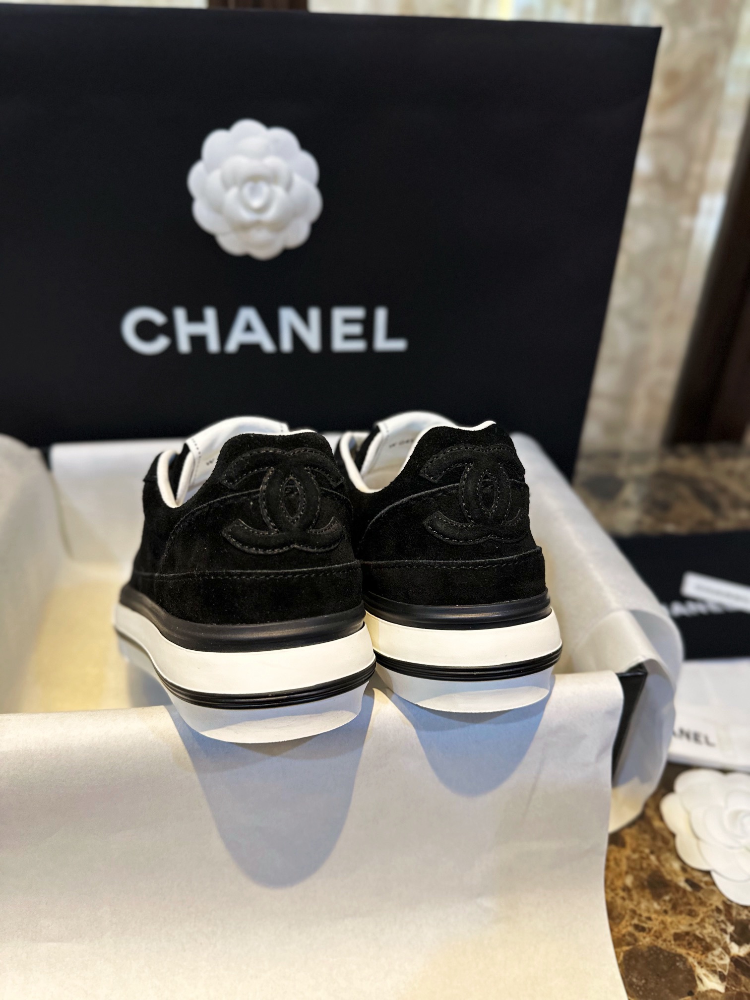 Chanel Black Suede Panda Skate Shoes: Pure Black Upper + Black TPU Chunky Sole Combo