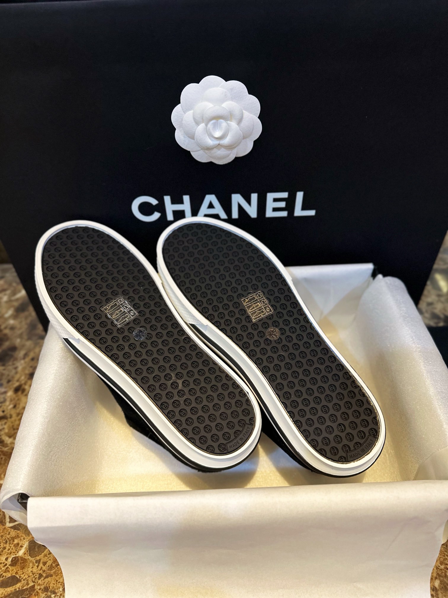 Chanel Black Suede Panda Skate Shoes: Pure Black Upper + Black TPU Chunky Sole Combo