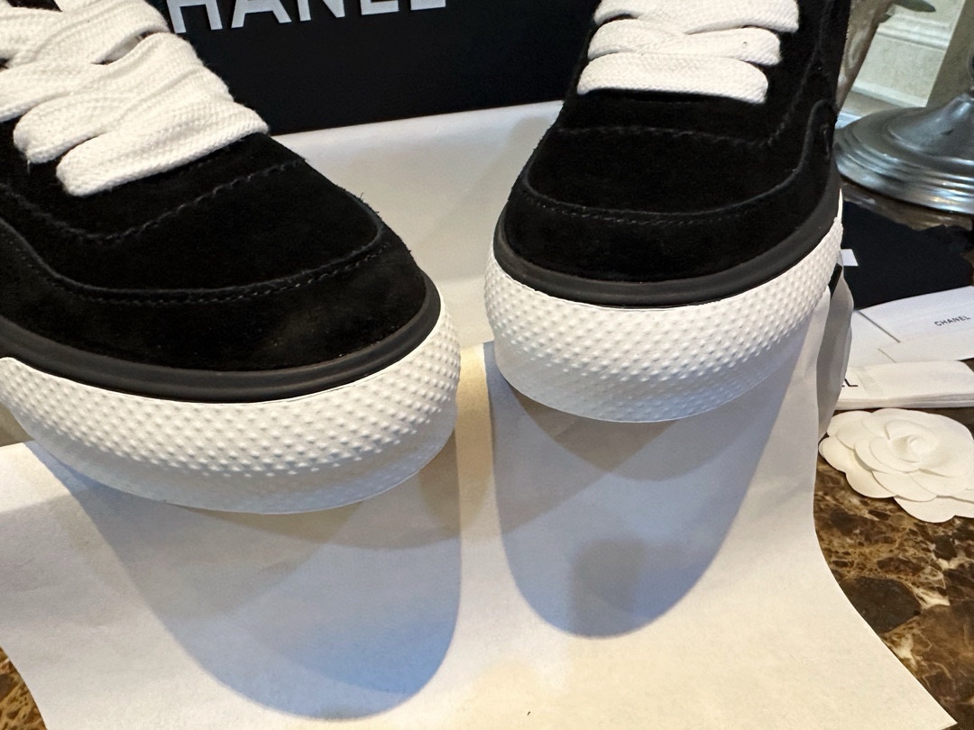 Chanel Black Suede Panda Skate Shoes: Pure Black Upper + Black TPU Chunky Sole Combo