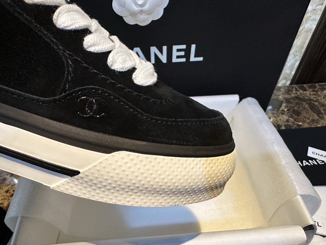 Chanel Black Suede Panda Skate Shoes: Pure Black Upper + Black TPU Chunky Sole Combo