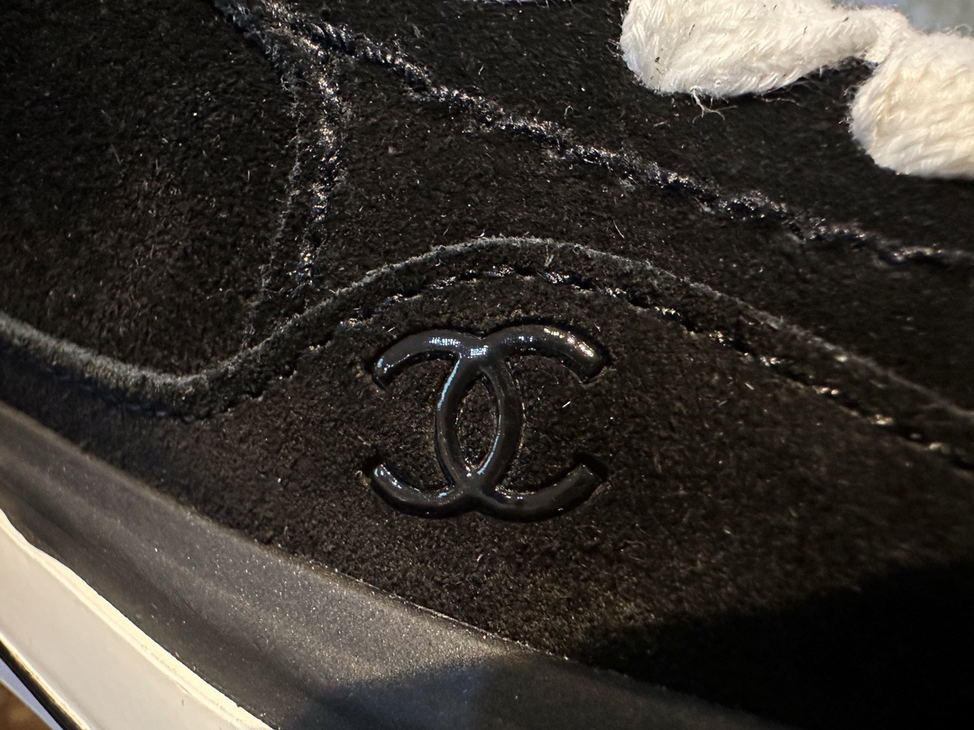 Chanel Black Suede Panda Skate Shoes: Pure Black Upper + Black TPU Chunky Sole Combo