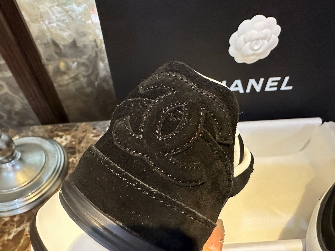 Chanel Black Suede Panda Skate Shoes: Pure Black Upper + Black TPU Chunky Sole Combo