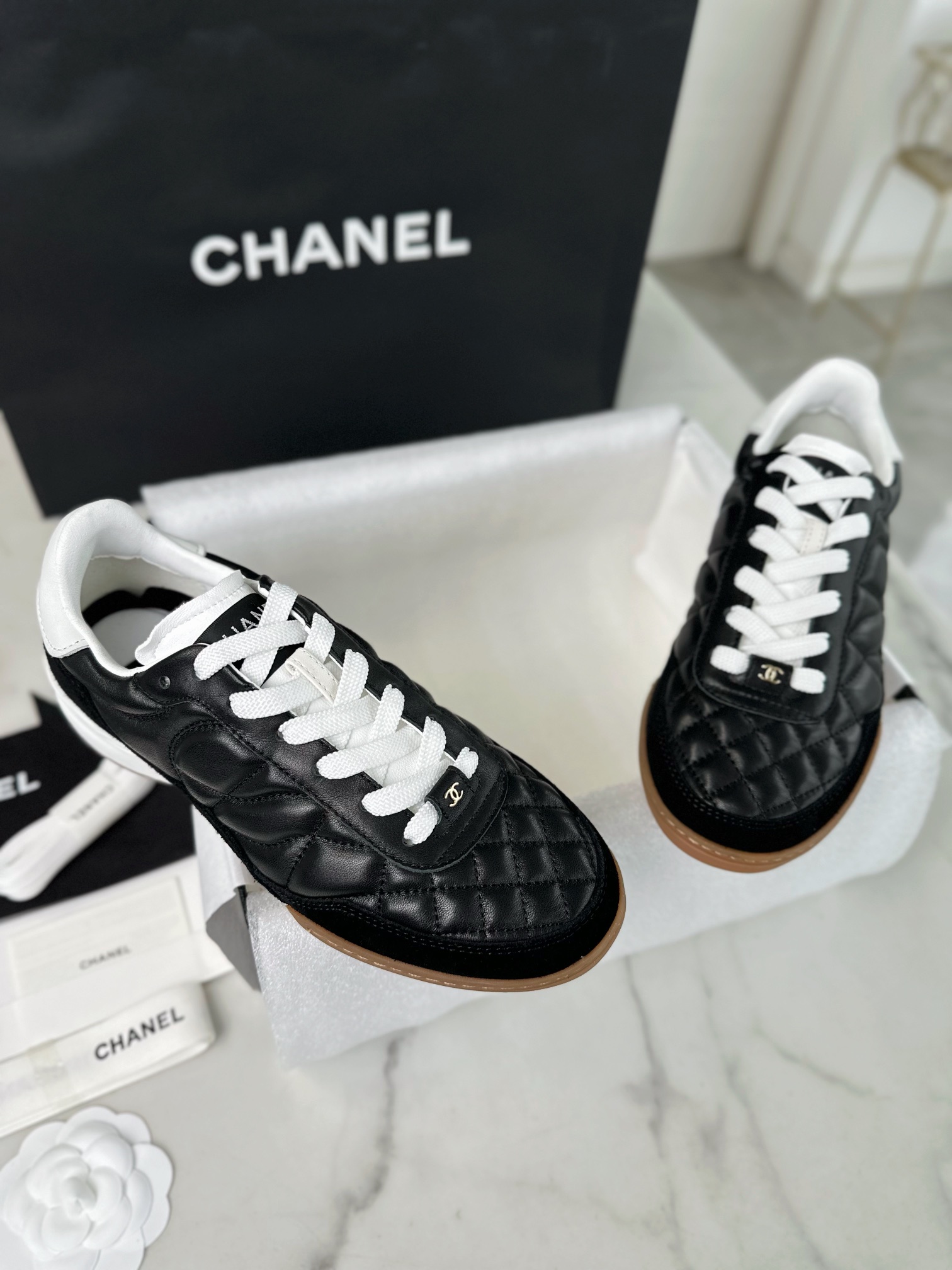 Chanel Black DeXun Sports Shoes: Black Imported Cowhide Patchwork with Suede + TPU Combination Outsole