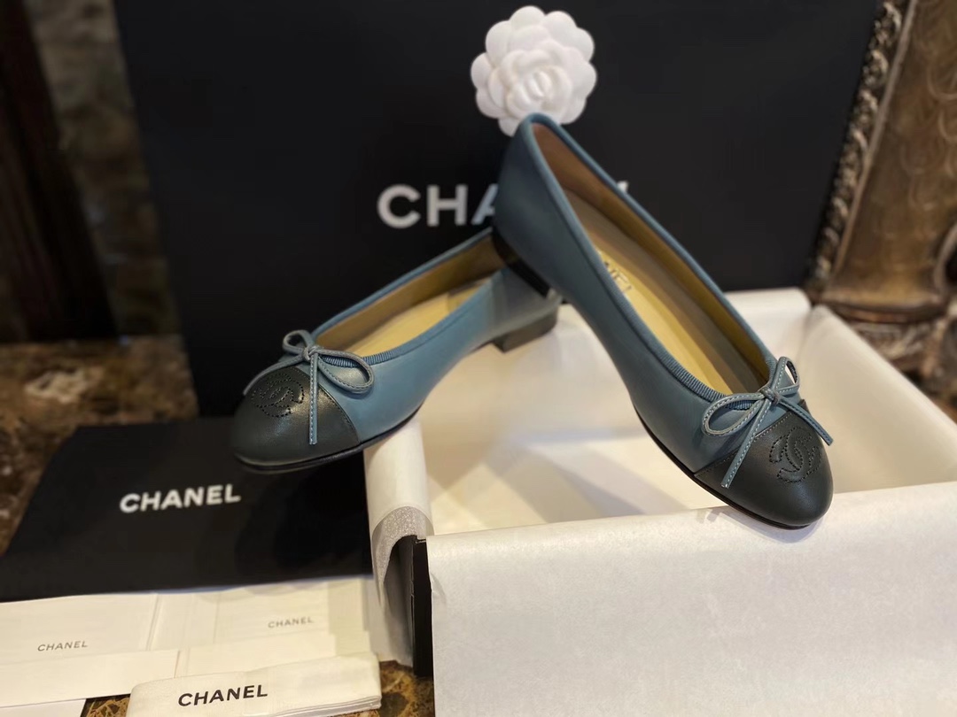 Chanel Haze Blue with Forest Green Patchwork Sheepskin Ballet Flats