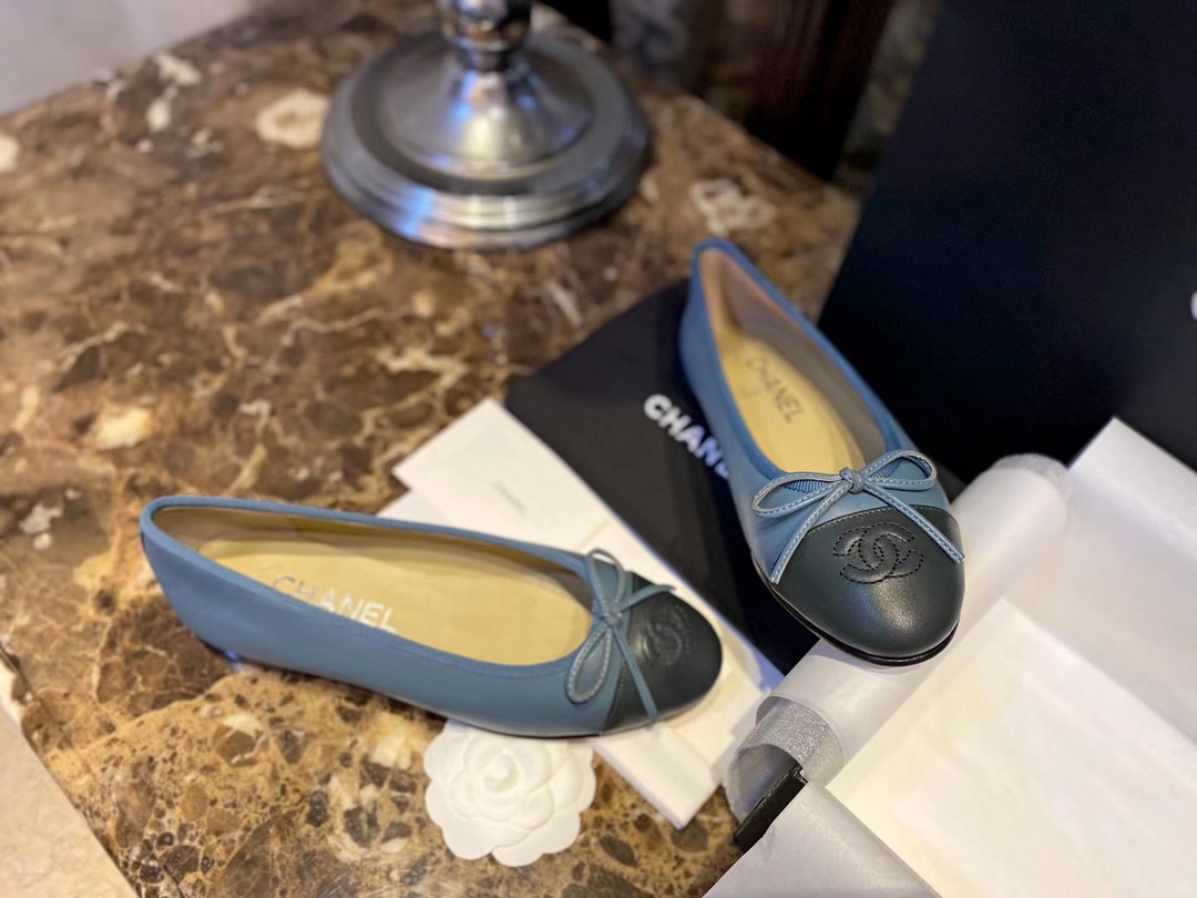 Chanel Haze Blue with Forest Green Patchwork Sheepskin Ballet Flats