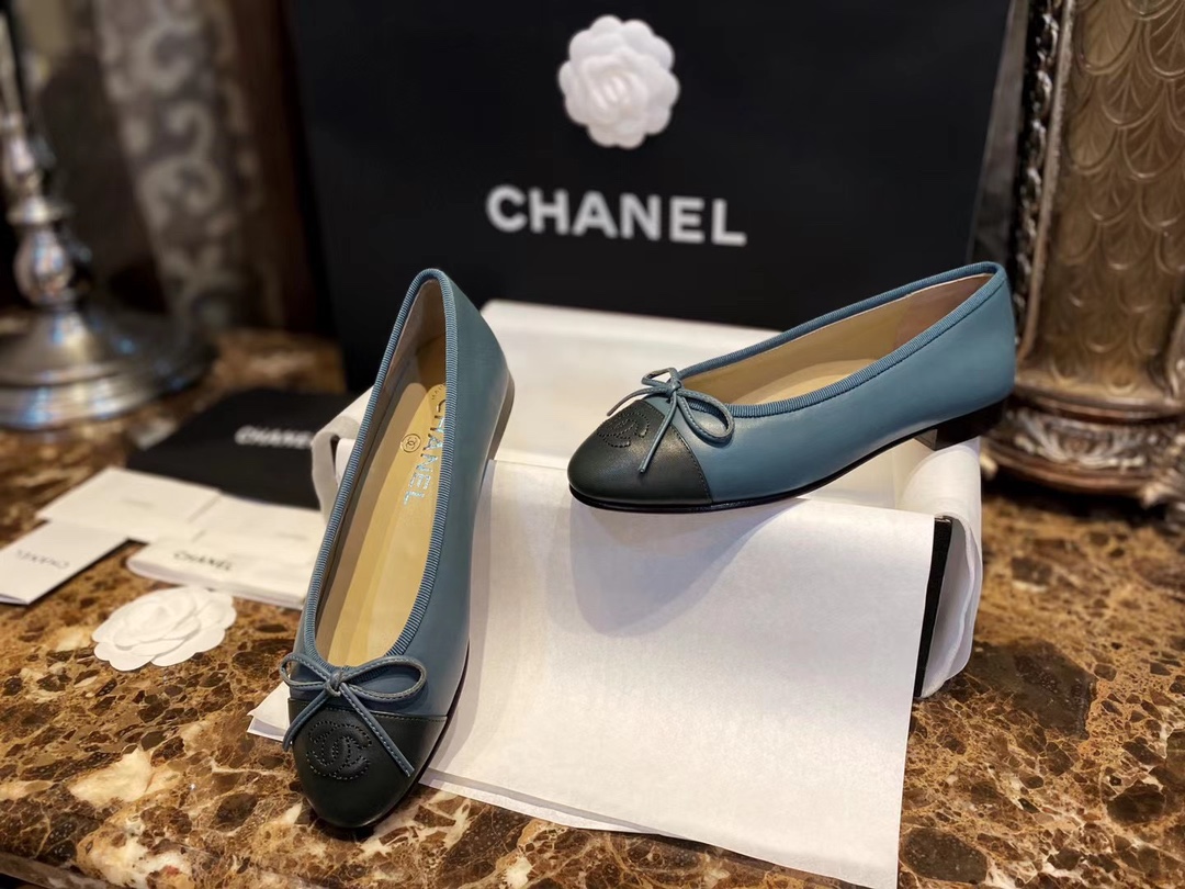 Chanel Haze Blue with Forest Green Patchwork Sheepskin Ballet Flats