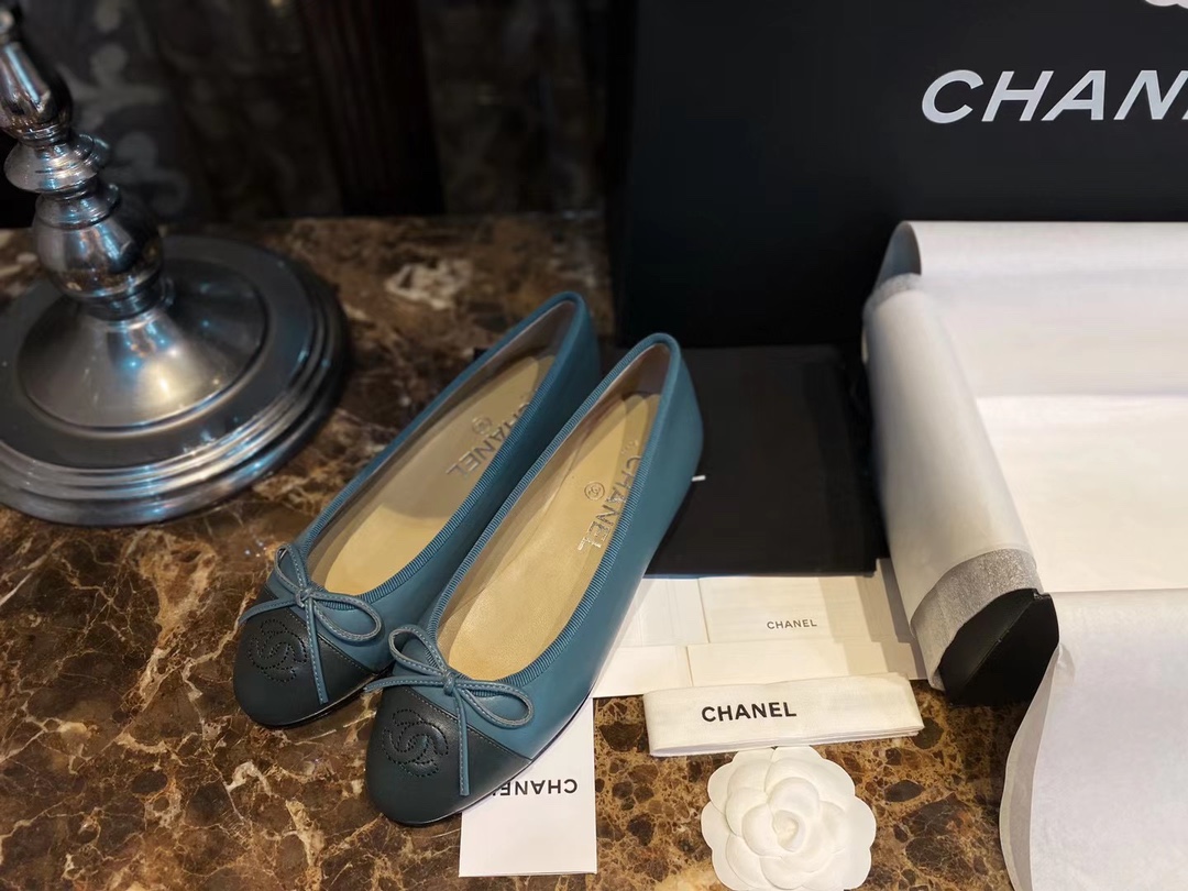 Chanel Haze Blue with Forest Green Patchwork Sheepskin Ballet Flats