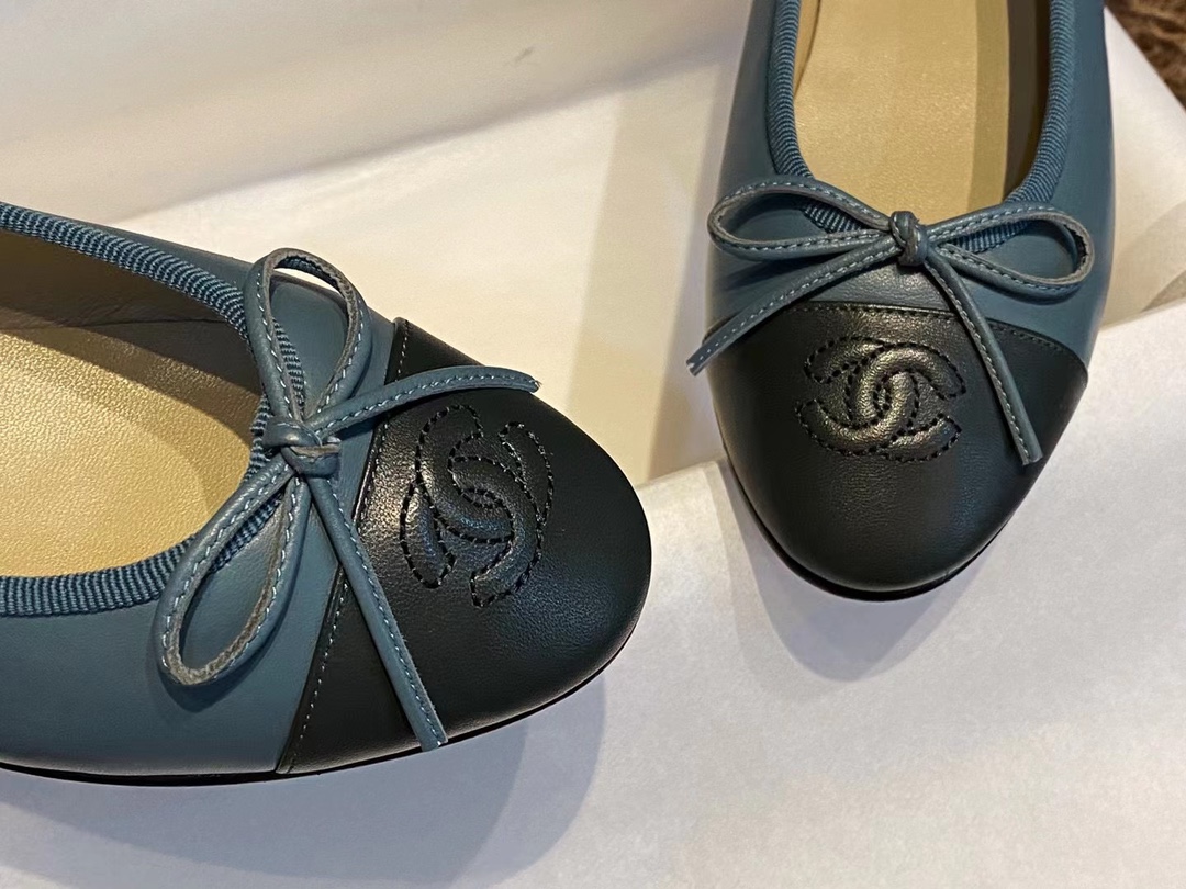 Chanel Haze Blue with Forest Green Patchwork Sheepskin Ballet Flats