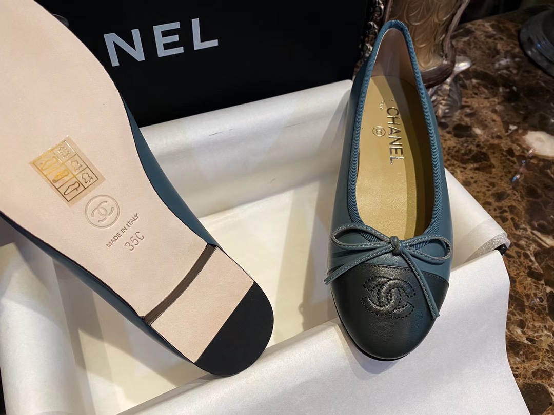 Chanel Haze Blue with Forest Green Patchwork Sheepskin Ballet Flats