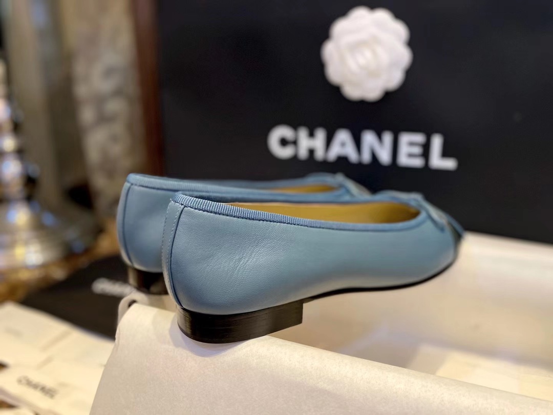 Chanel Haze Blue with Forest Green Patchwork Sheepskin Ballet Flats