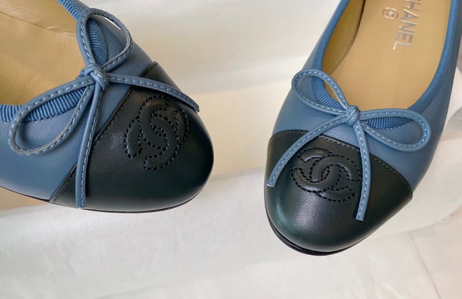 Chanel Haze Blue with Forest Green Patchwork Sheepskin Ballet Flats