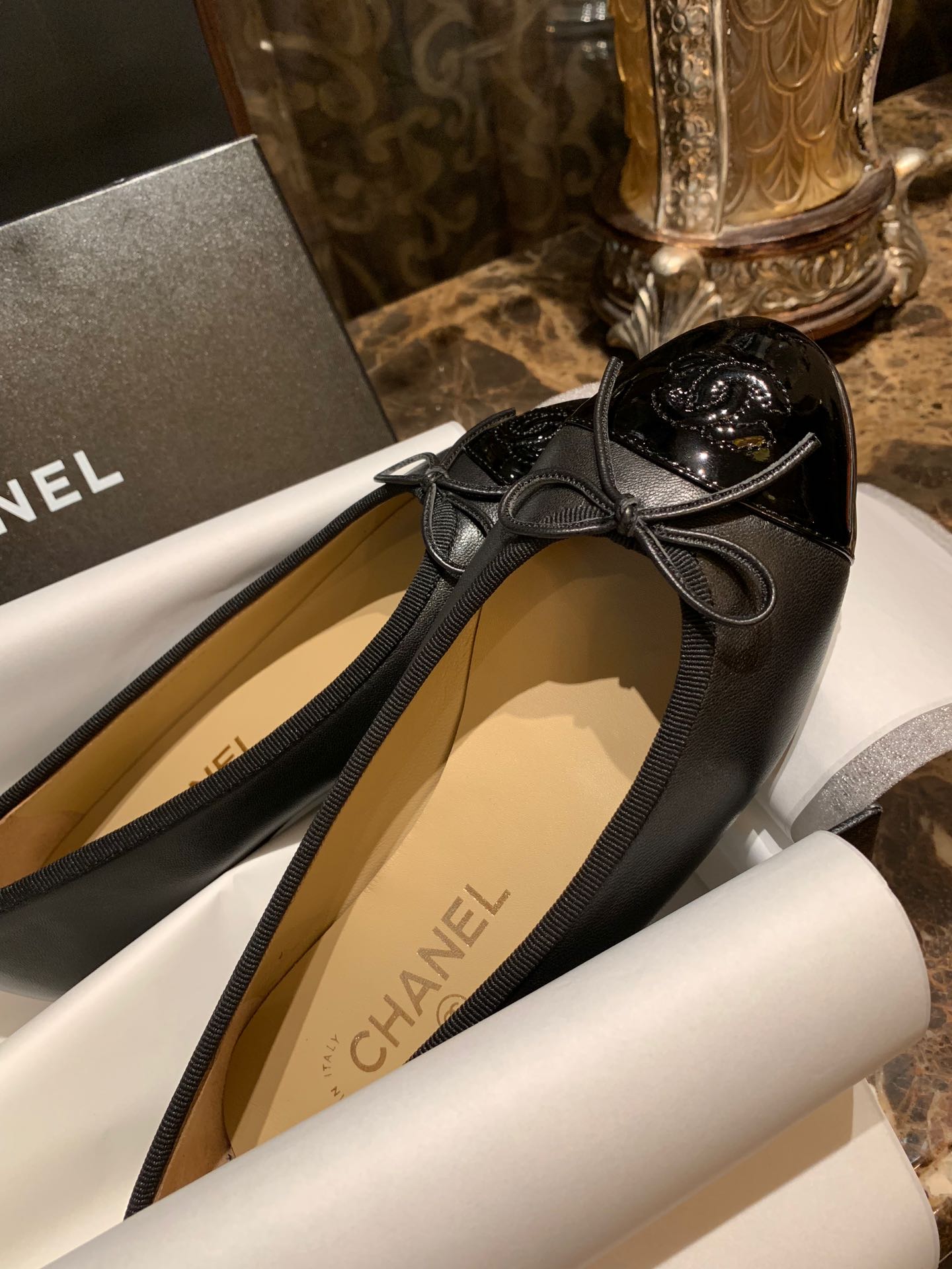 Chanel Classic Black Cowhide and Patent Leather Patchwork Sheepskin