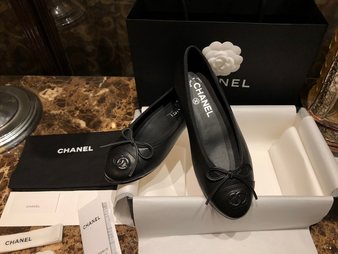 Chanel All Black Petite Sheepskin Ballet Flats