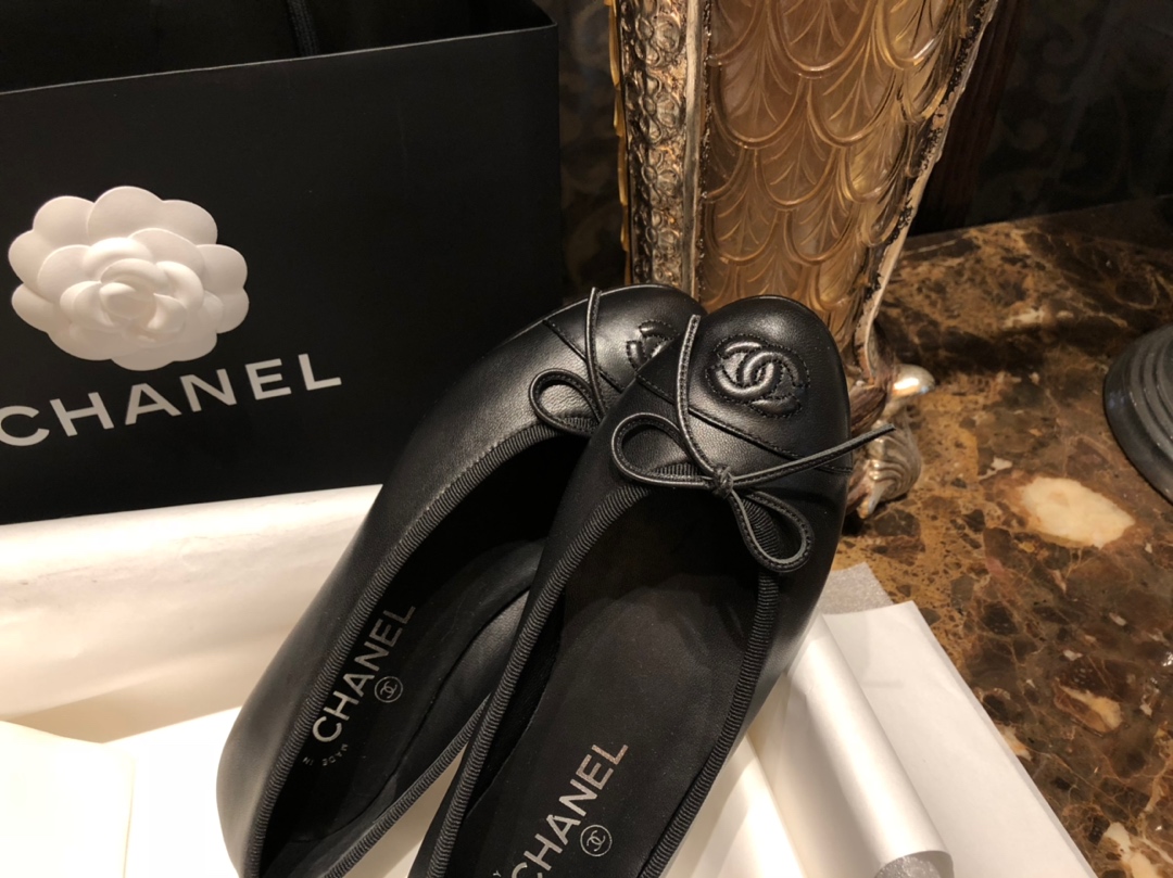 Chanel All Black Petite Sheepskin Ballet Flats