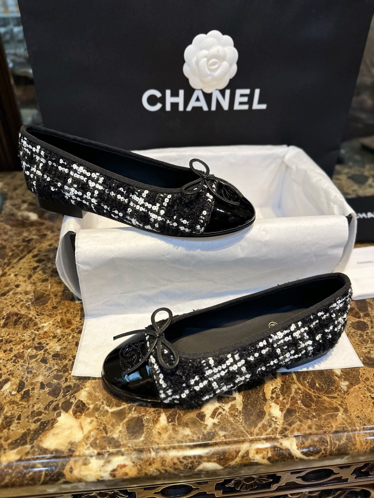 Chanel Emerald Green Woolen Glitter Ballet Flats