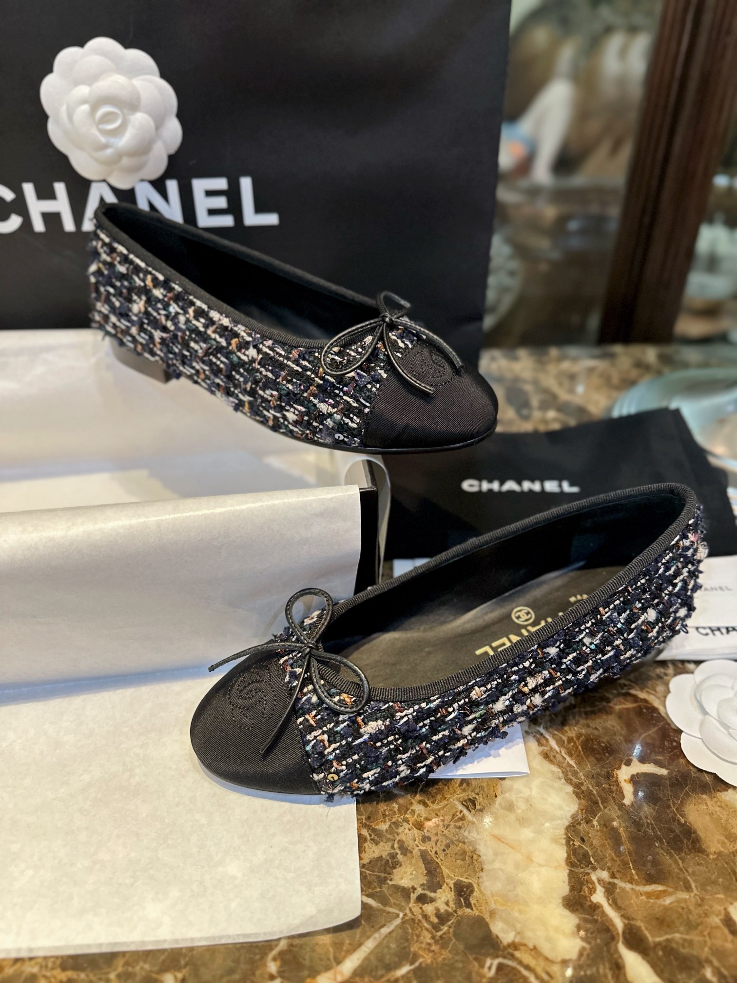 Chanel Black Rainbow Woolen Ballet Flats