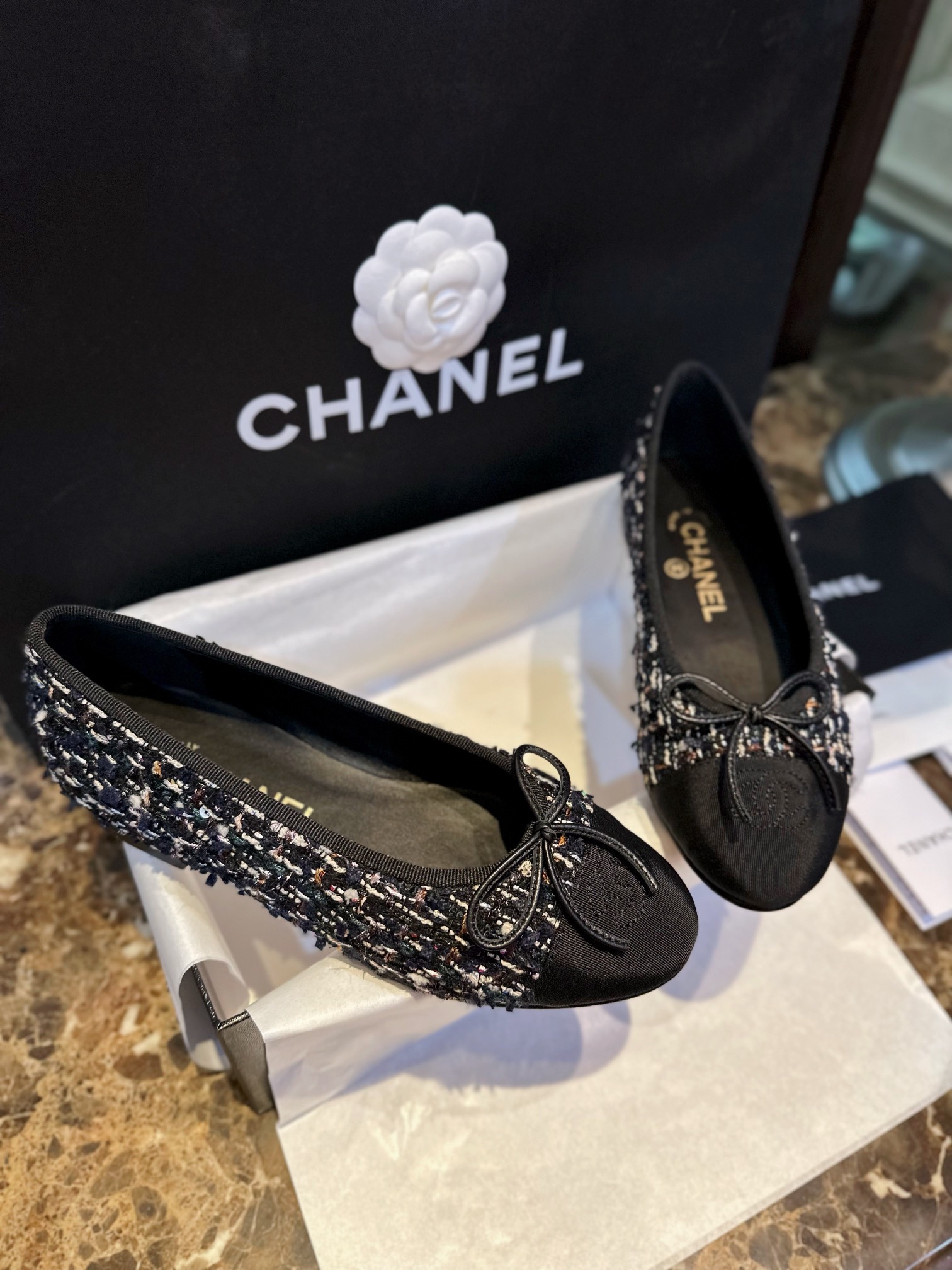 Chanel Black Rainbow Woolen Ballet Flats