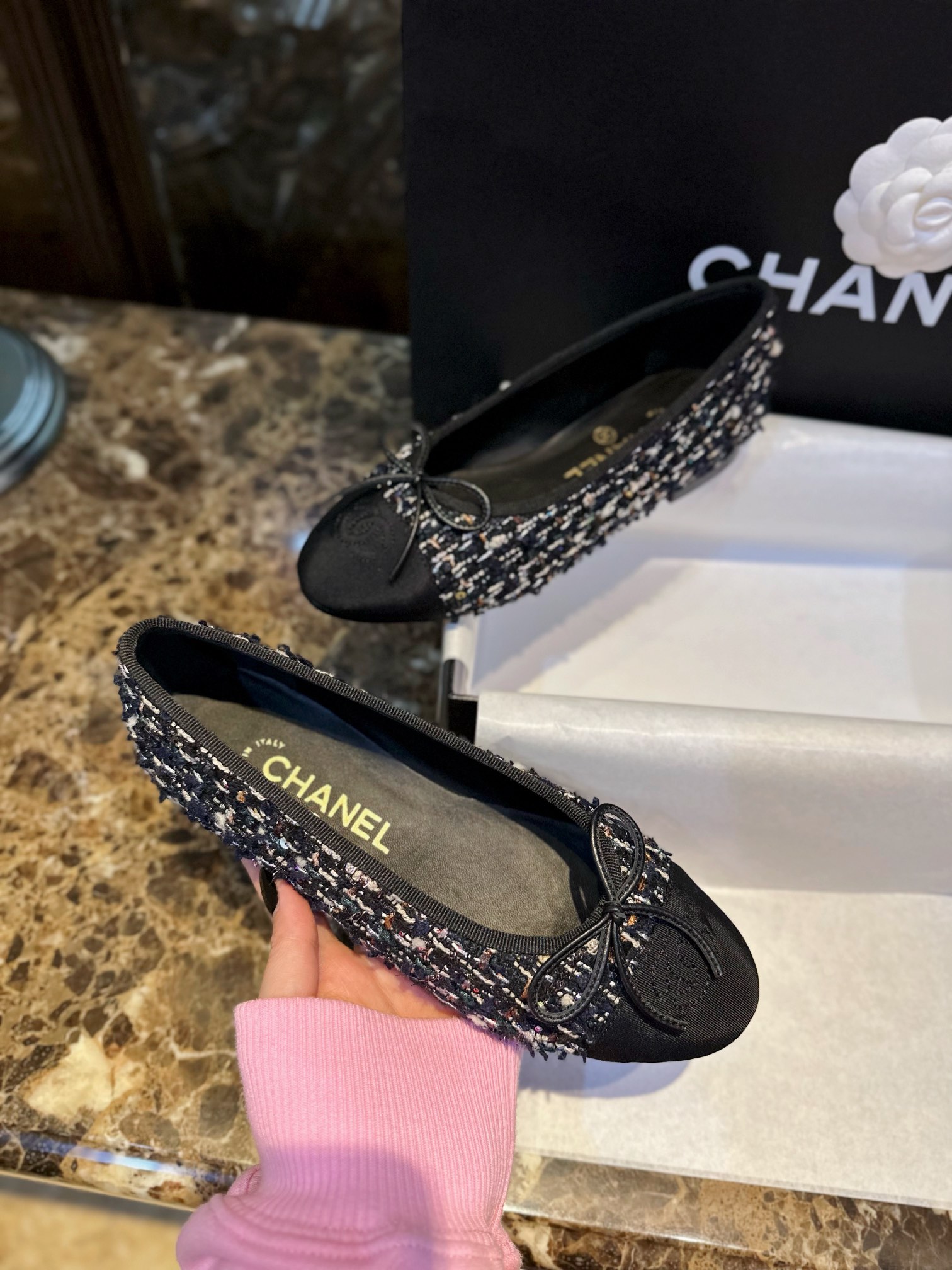 Chanel Black Rainbow Woolen Ballet Flats