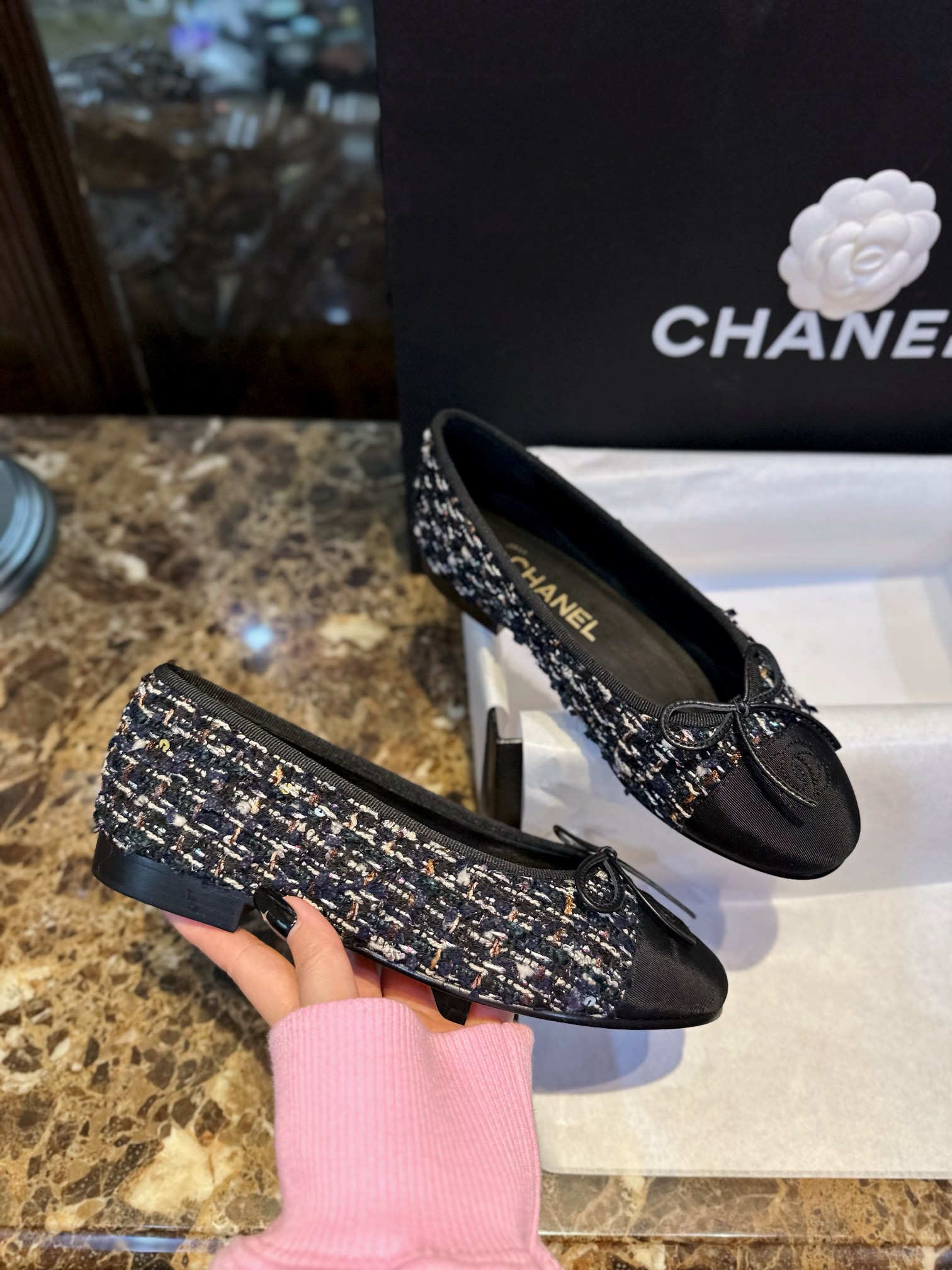 Chanel Black Rainbow Woolen Ballet Flats