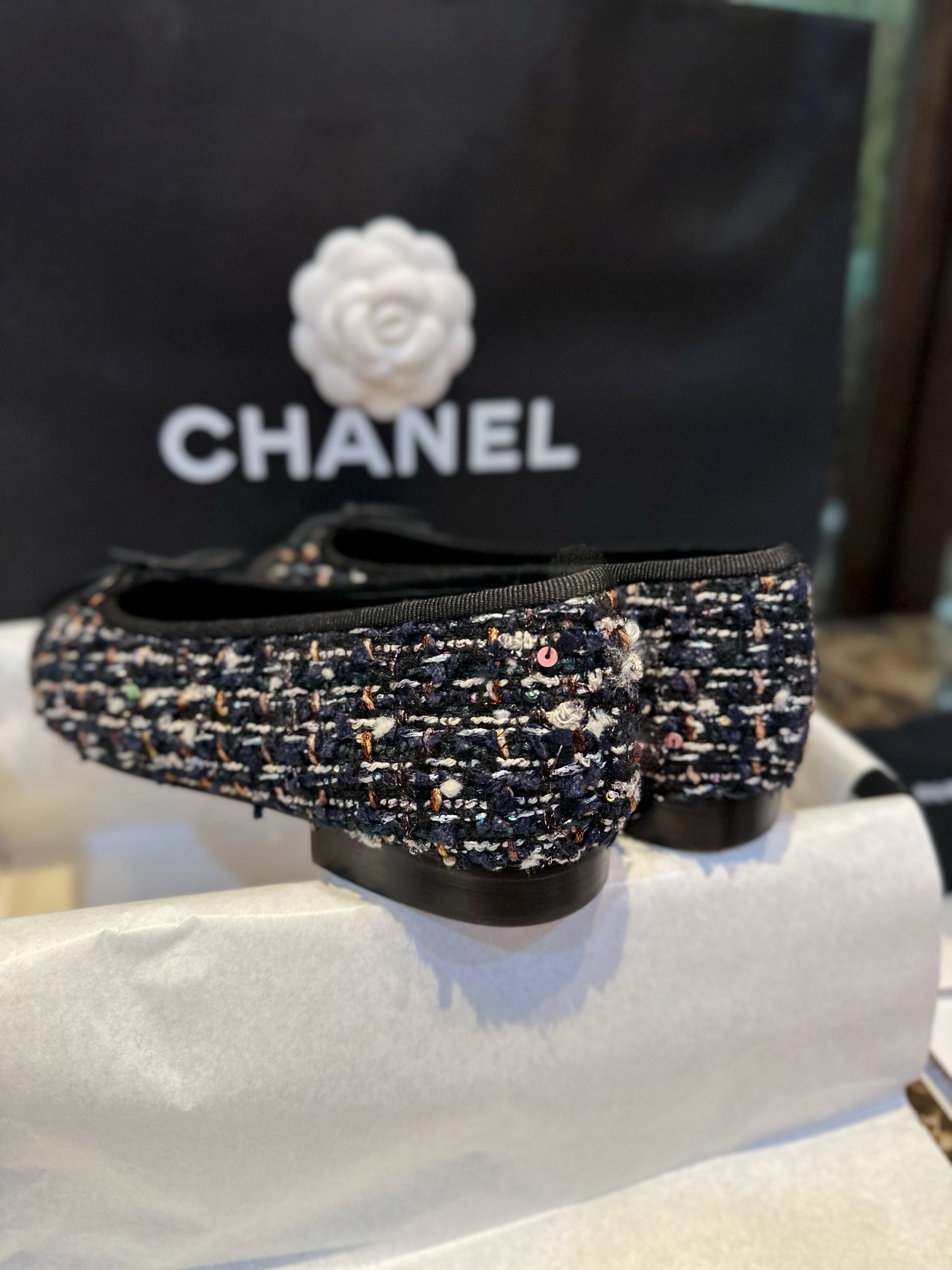 Chanel Black Rainbow Woolen Ballet Flats