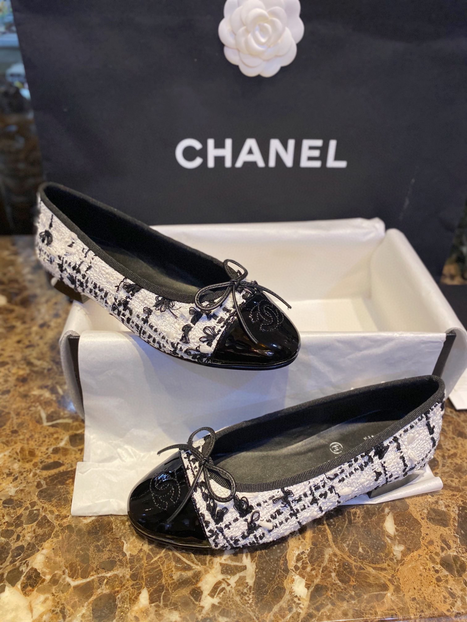 Chanel Black and White Tweed Fringed Ballet Flats