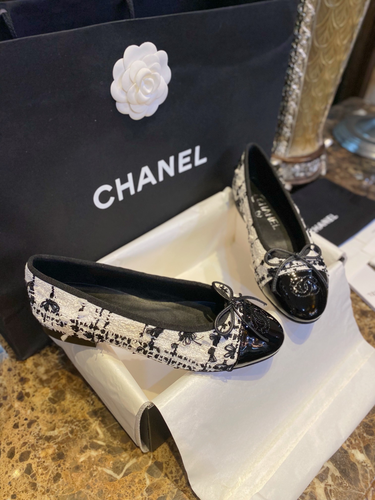 Chanel Black and White Tweed Fringed Ballet Flats