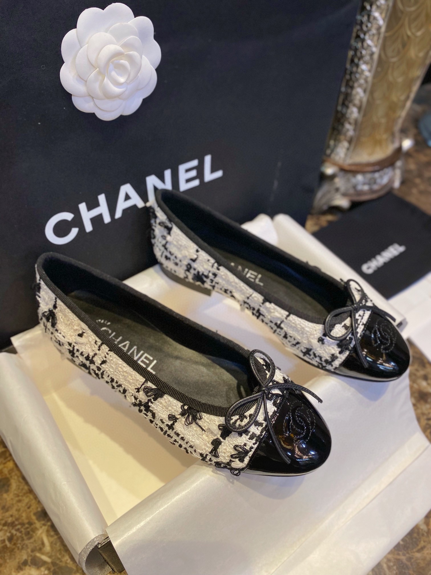 Chanel Black and White Tweed Fringed Ballet Flats