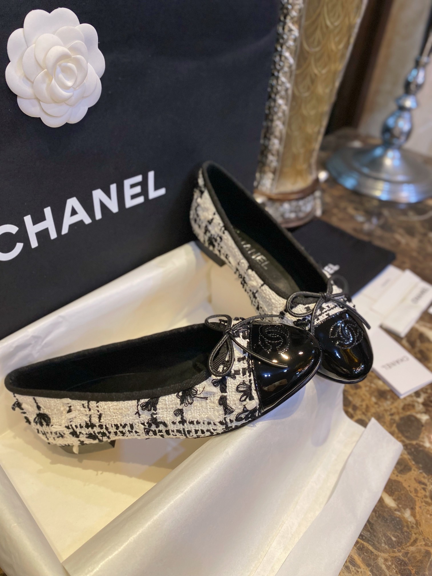 Chanel Black and White Tweed Fringed Ballet Flats