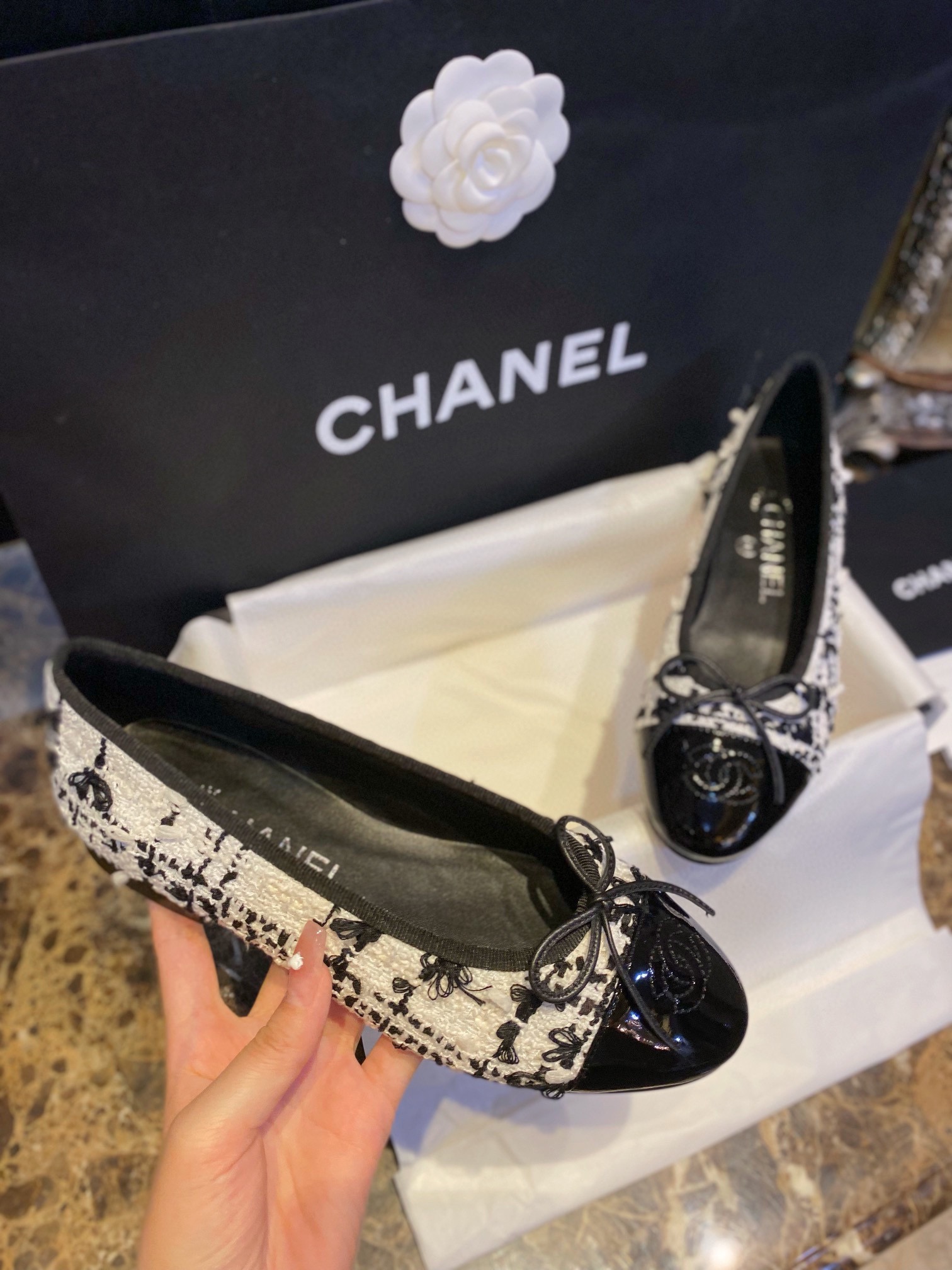 Chanel Black and White Tweed Fringed Ballet Flats