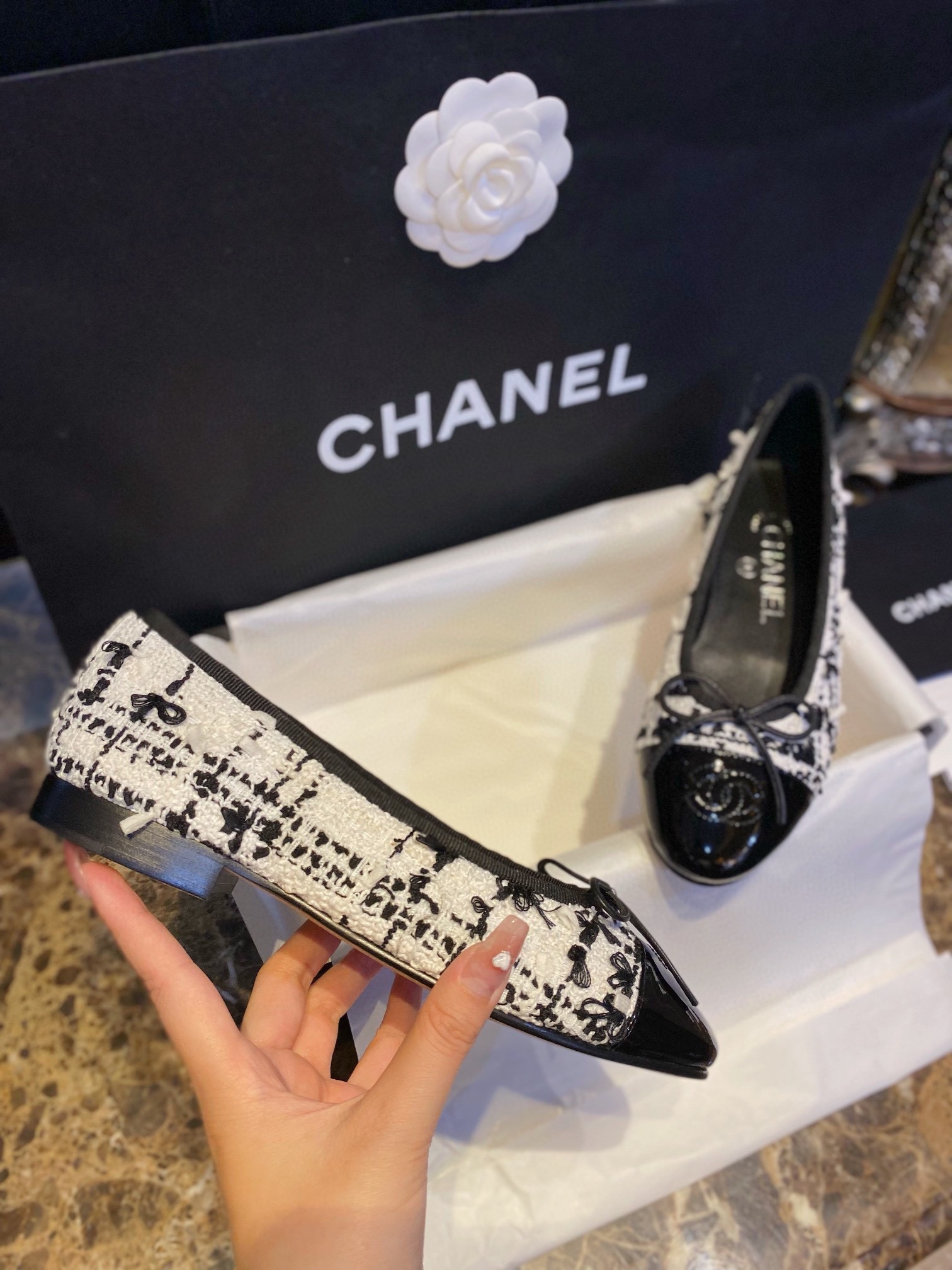 Chanel Black and White Tweed Fringed Ballet Flats