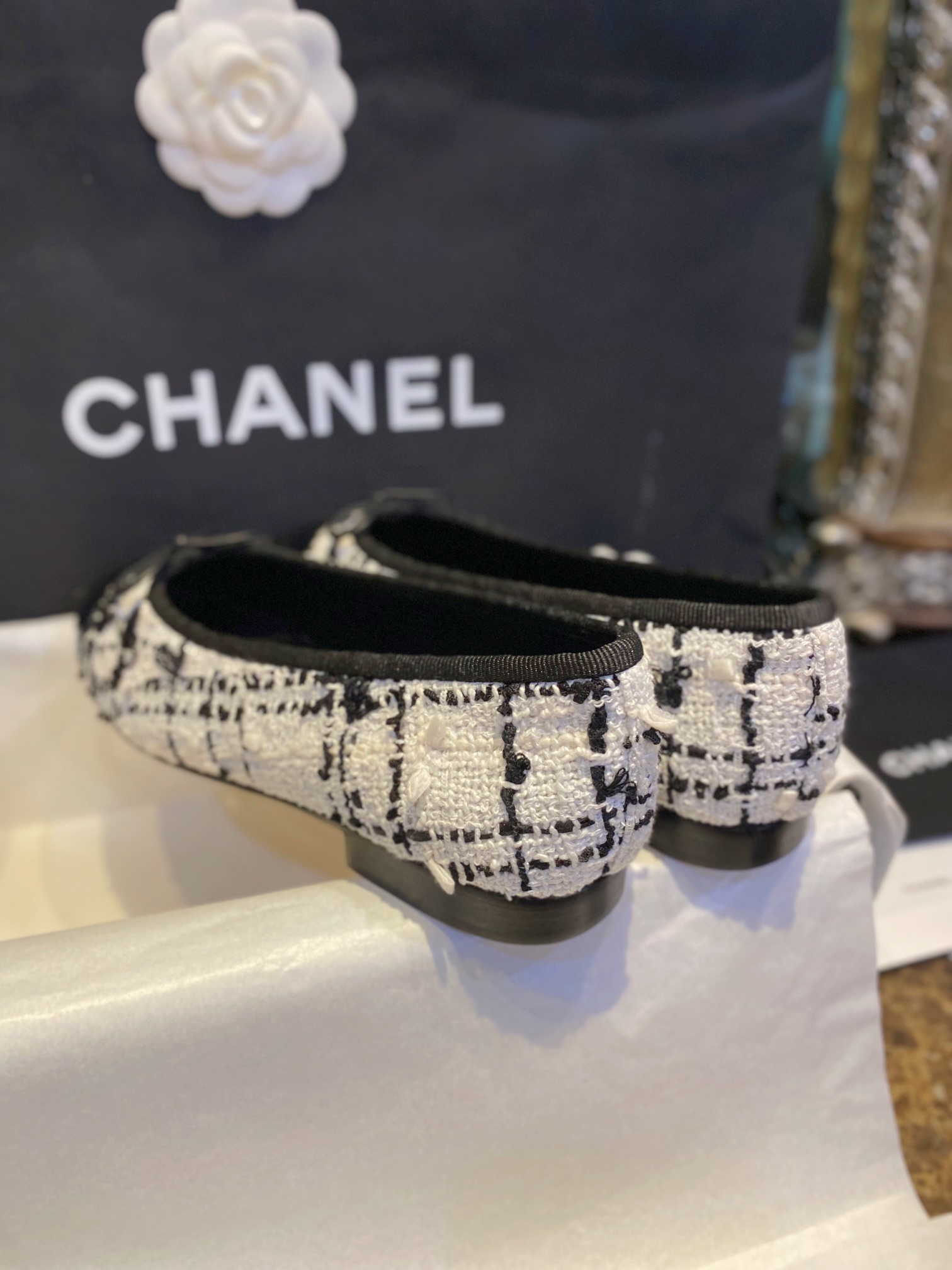 Chanel Black and White Tweed Fringed Ballet Flats