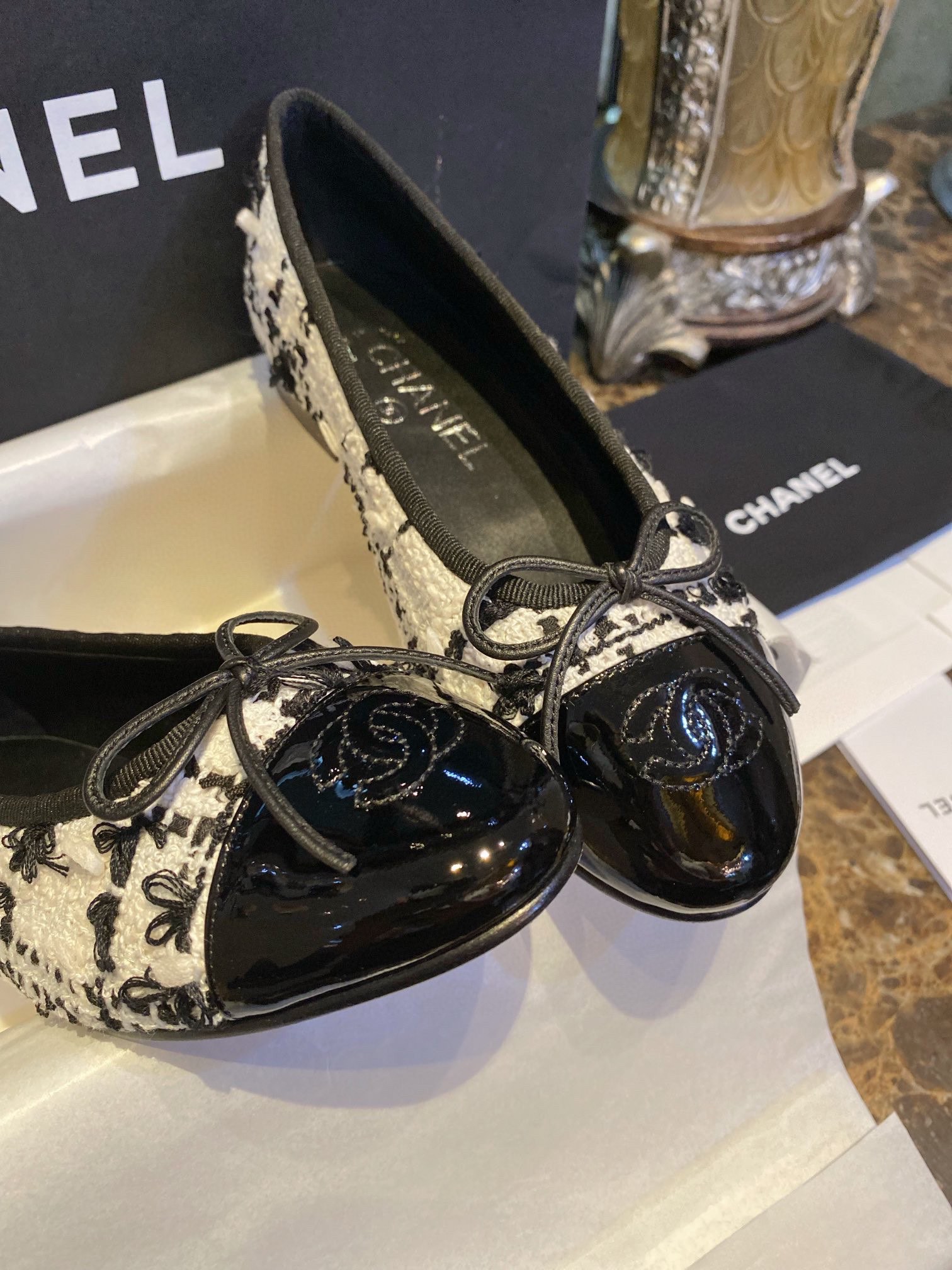 Chanel Black and White Tweed Fringed Ballet Flats