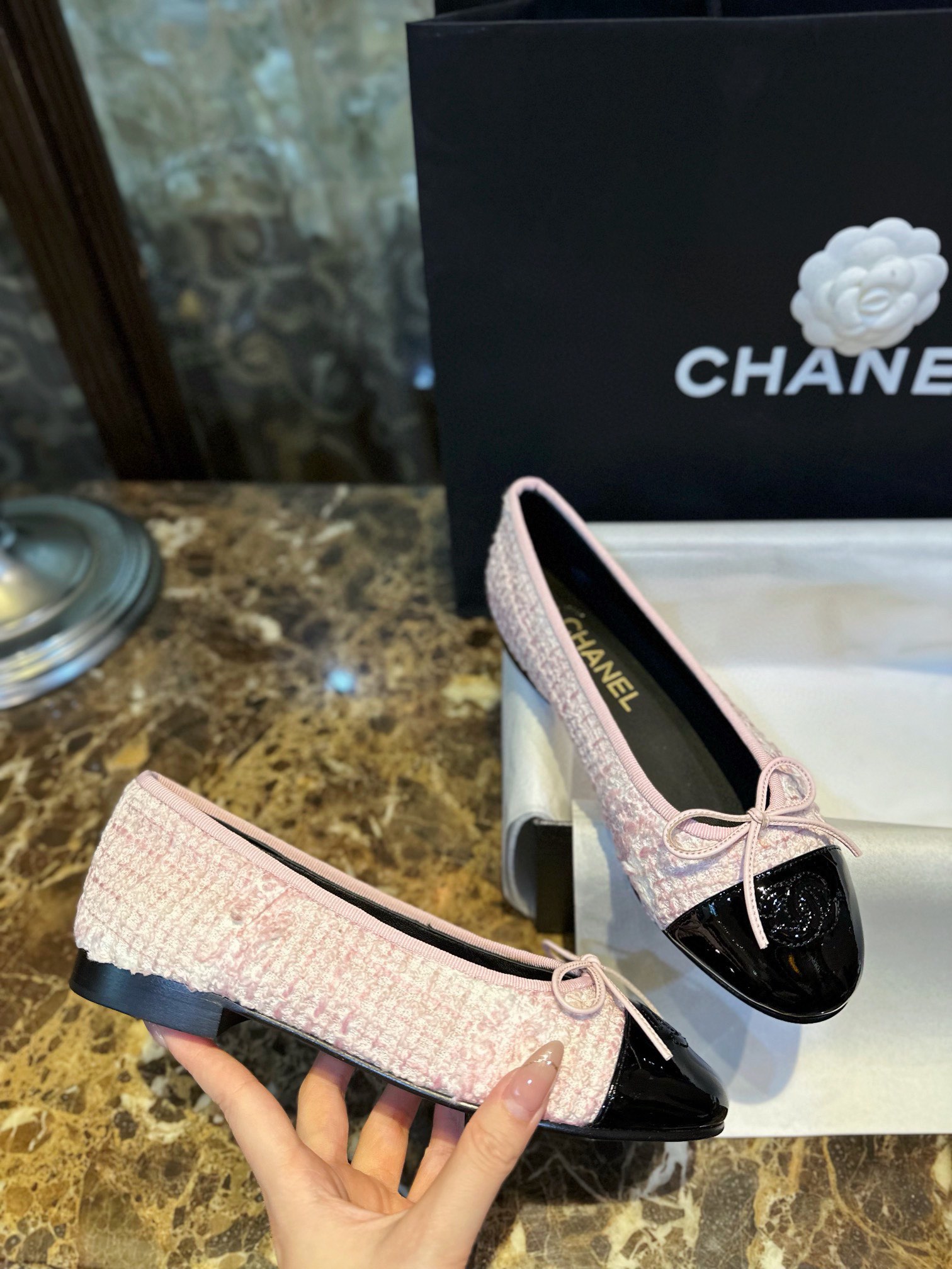 Chanel Lina Belle Pink Velvet Ballet Flats