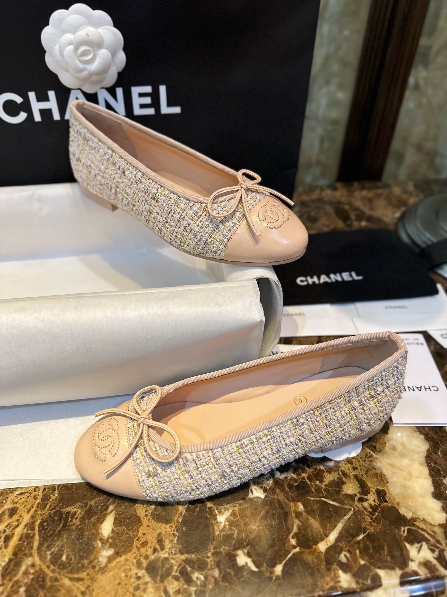 Chanel Apricot Sheepskin Elastic Woolen Ballet Flats