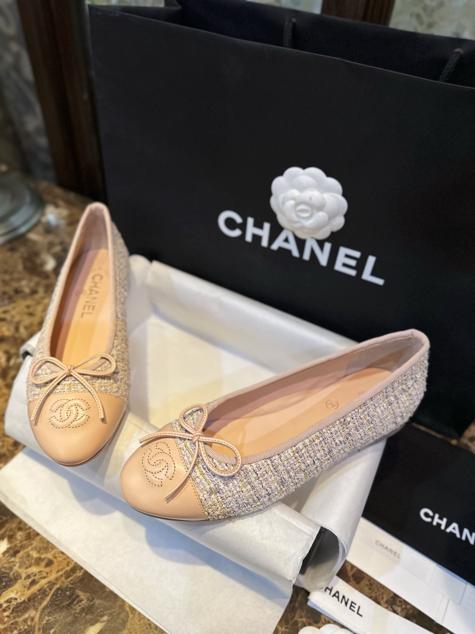 Chanel Apricot Sheepskin Elastic Woolen Ballet Flats