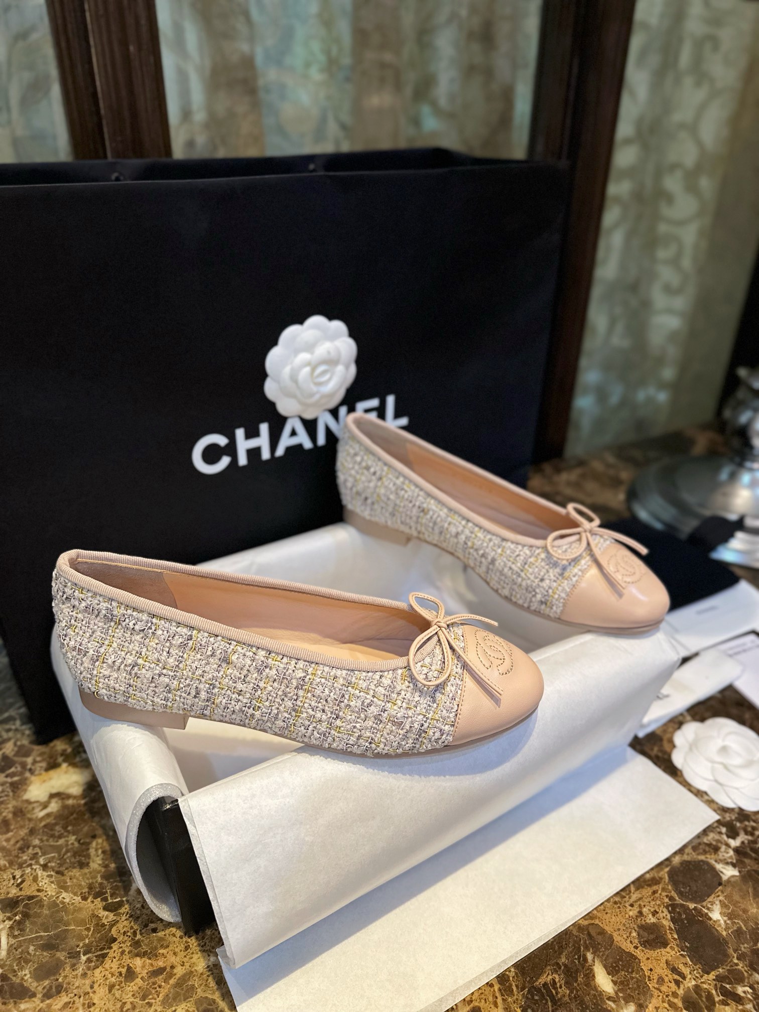 Chanel Apricot Sheepskin Elastic Woolen Ballet Flats