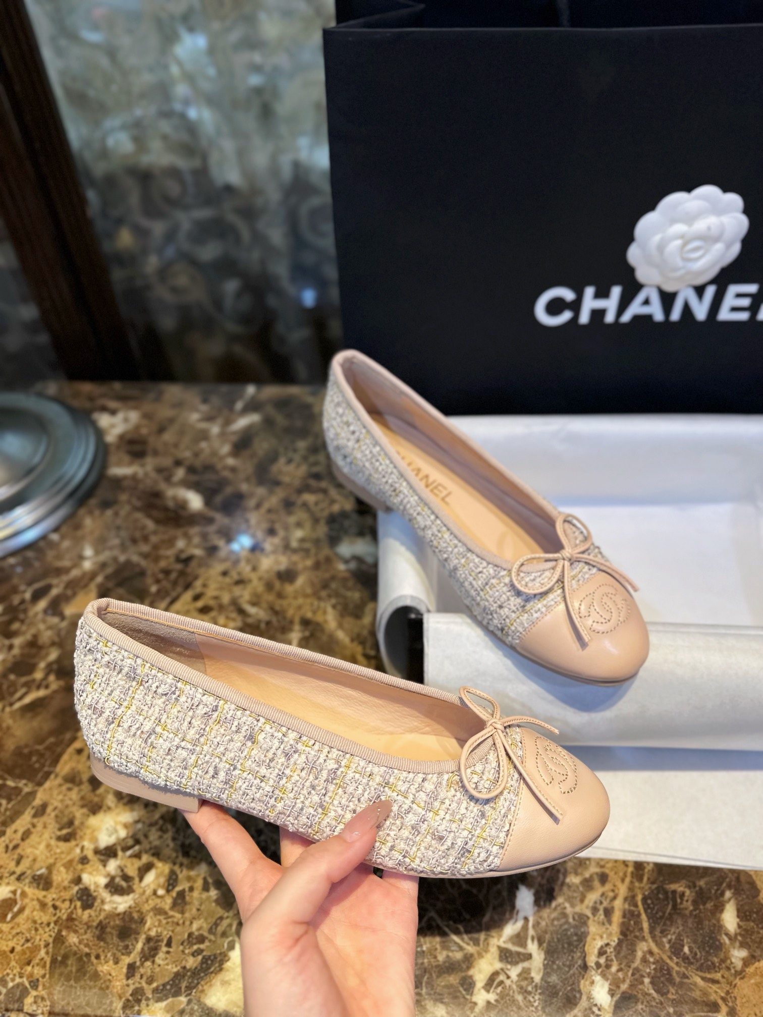 Chanel Apricot Sheepskin Elastic Woolen Ballet Flats