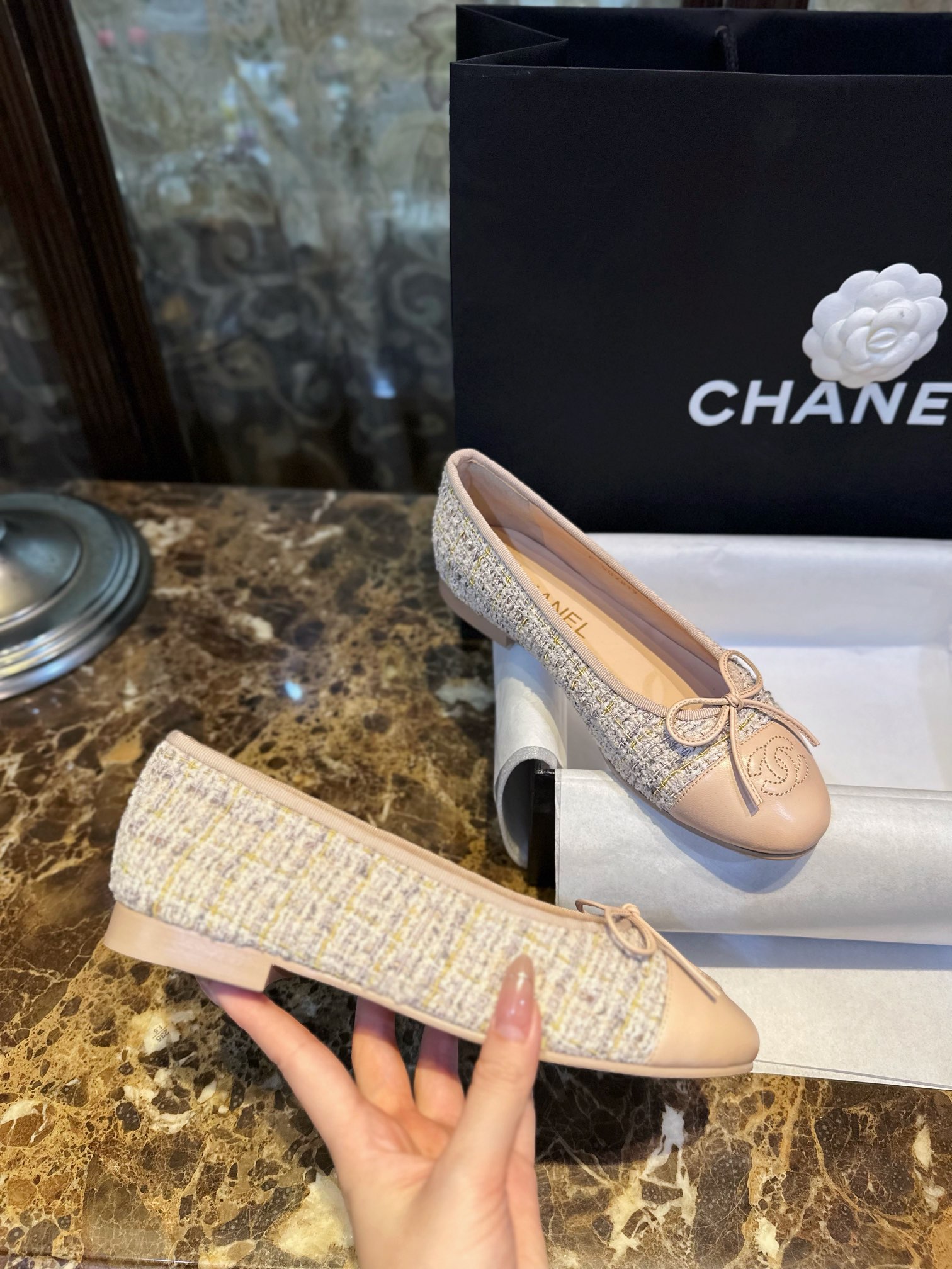 Chanel Apricot Sheepskin Elastic Woolen Ballet Flats