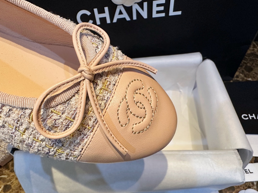 Chanel Apricot Sheepskin Elastic Woolen Ballet Flats