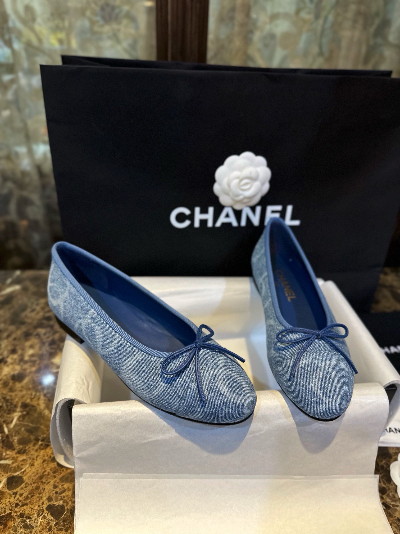 Chanel Denim Print Ballet Flats