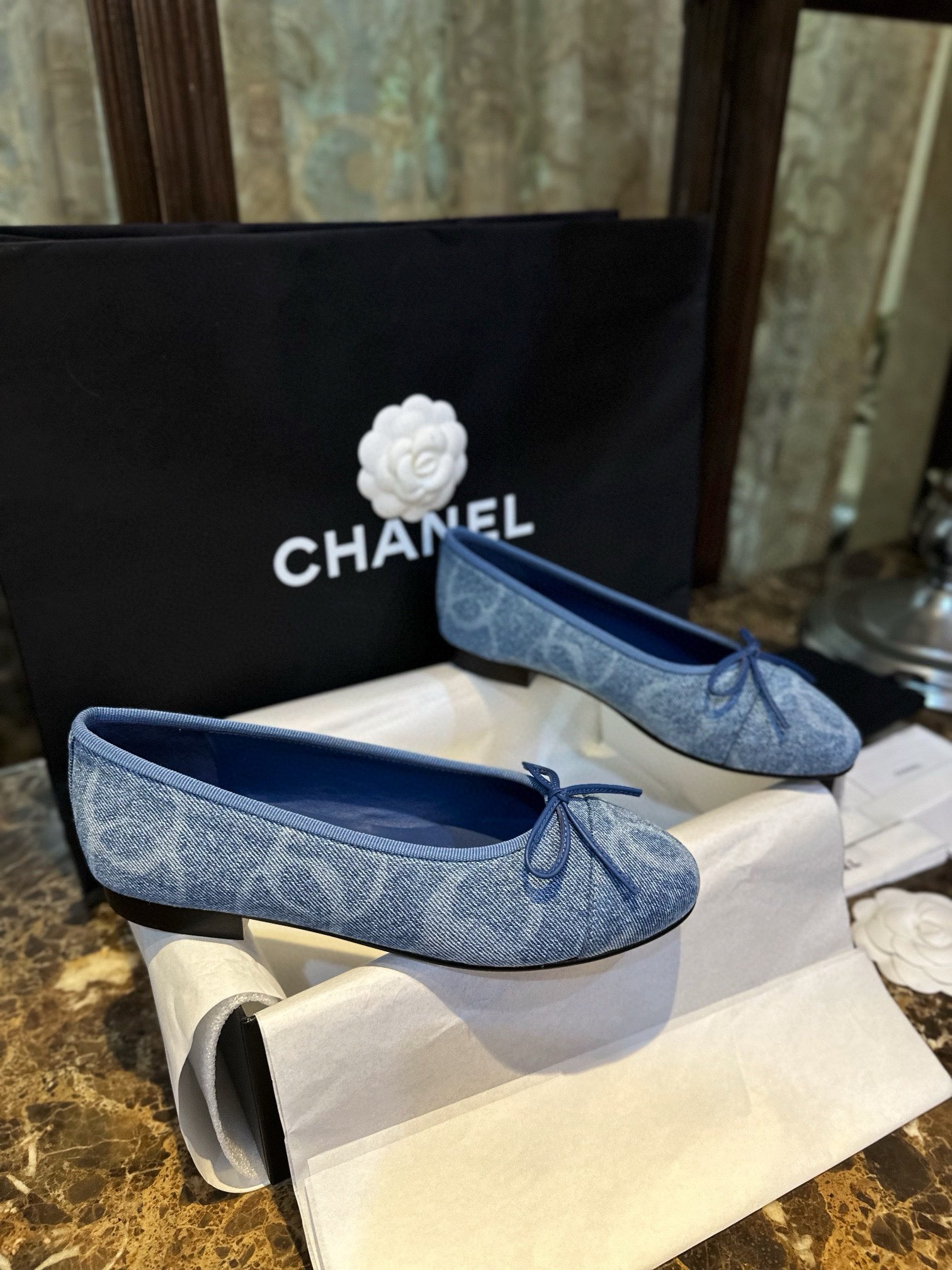 Chanel Denim Print Ballet Flats