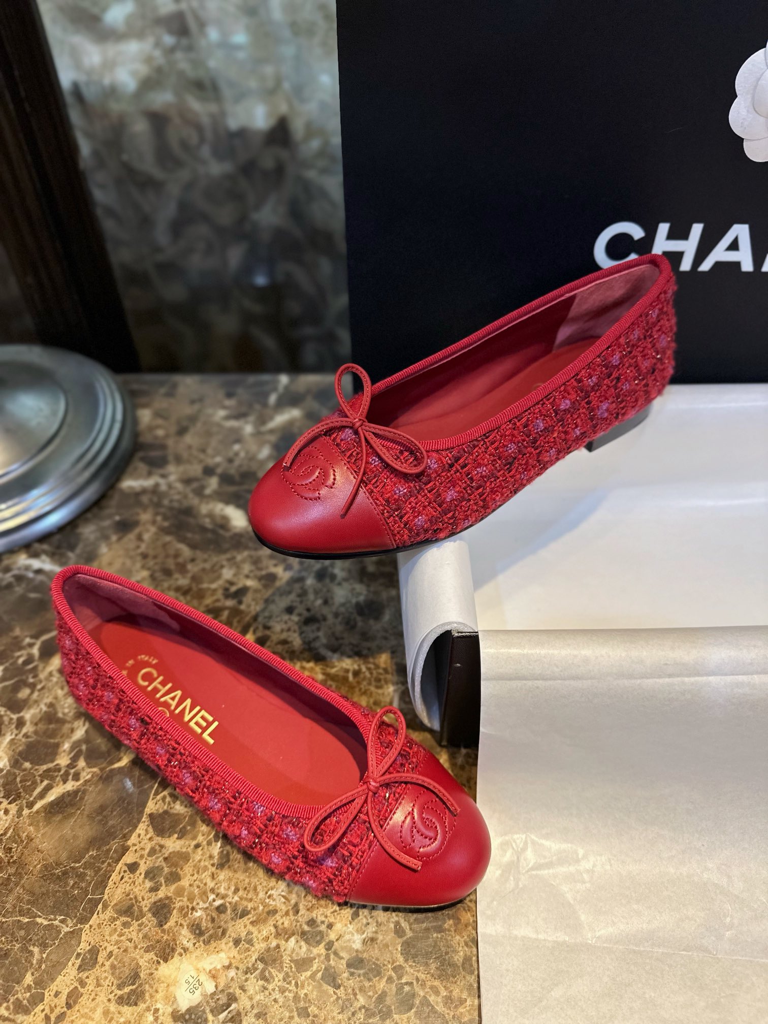 Chanel Red Leather and Wool Ballet Flats