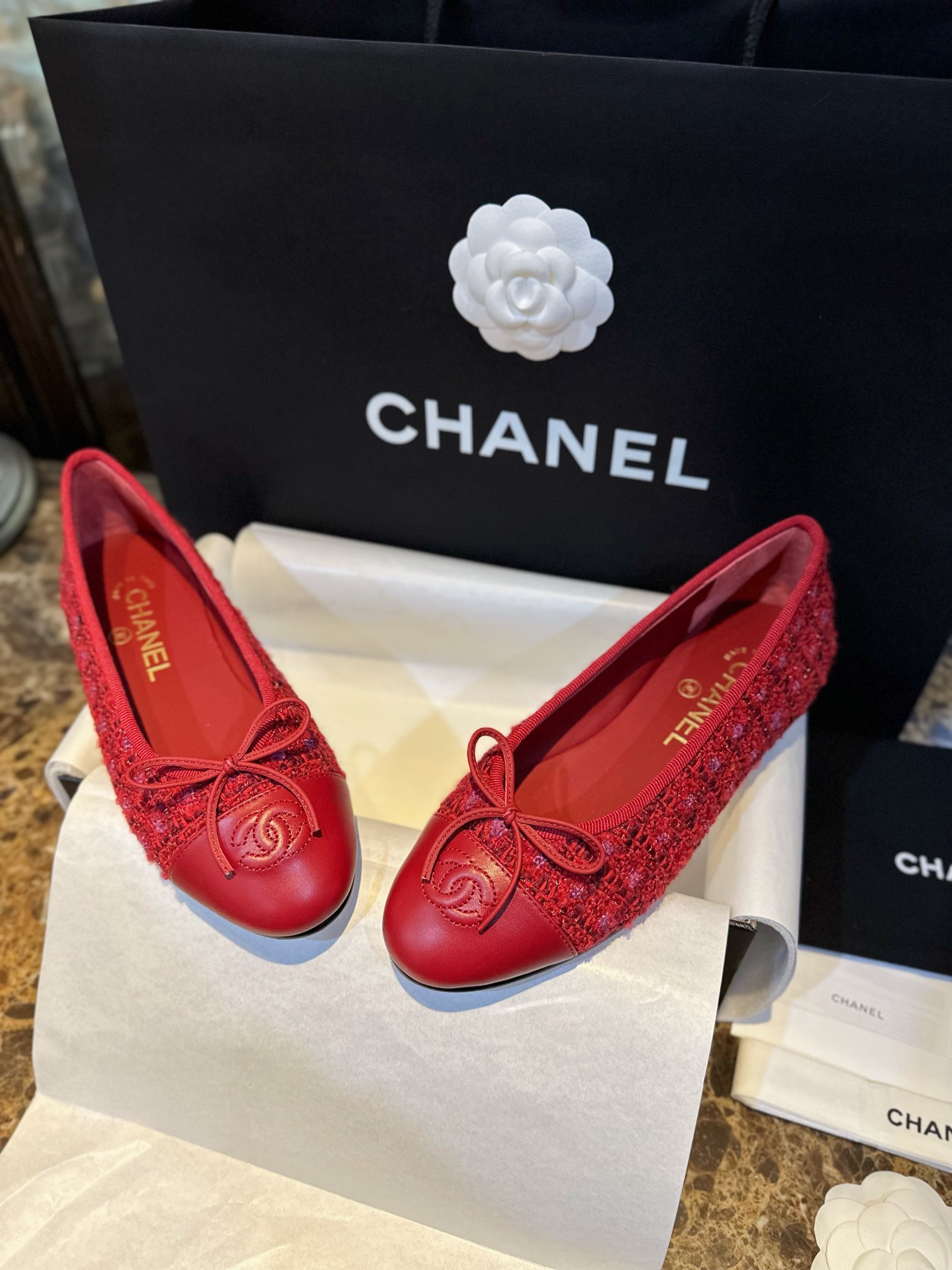 Chanel Red Leather and Wool Ballet Flats