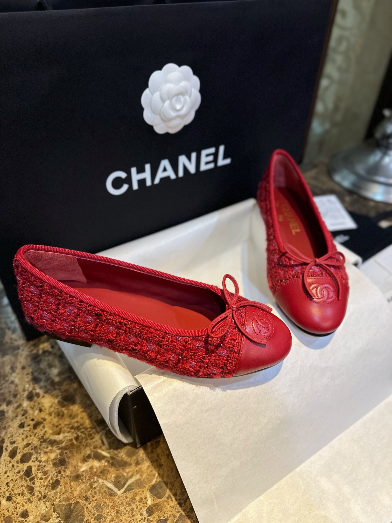 Chanel Red Leather and Wool Ballet Flats