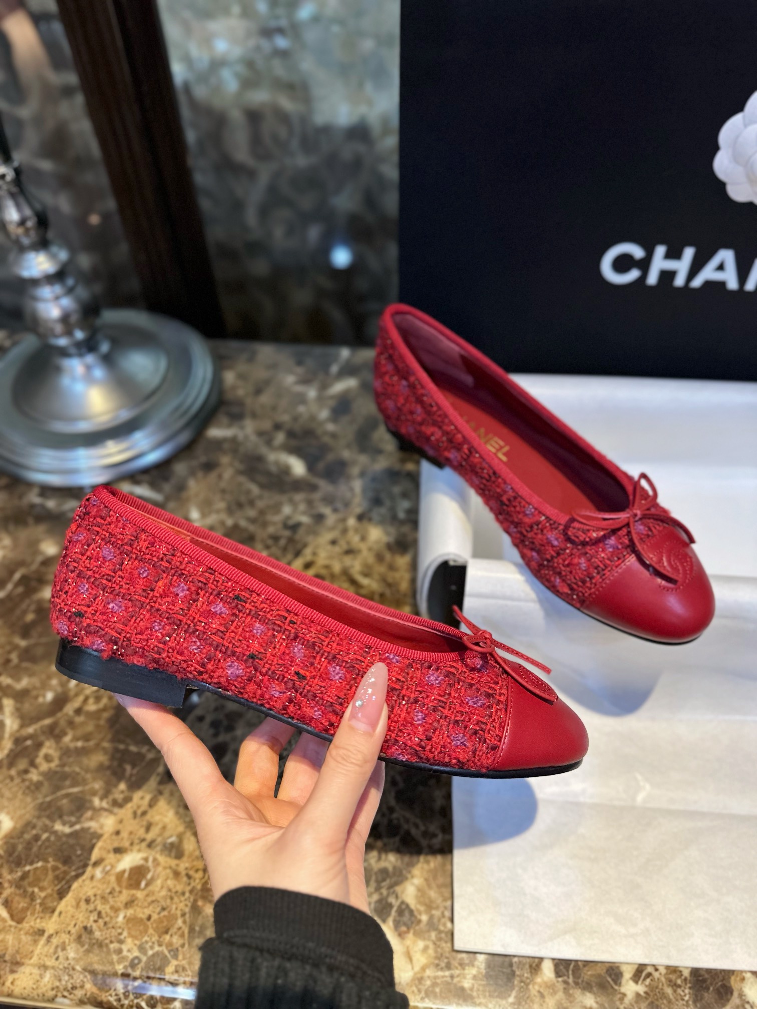 Chanel Red Leather and Wool Ballet Flats