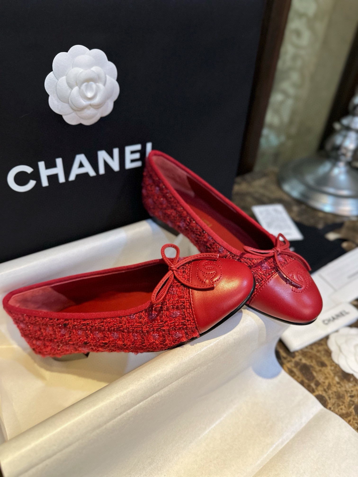 Chanel Red Leather and Wool Ballet Flats