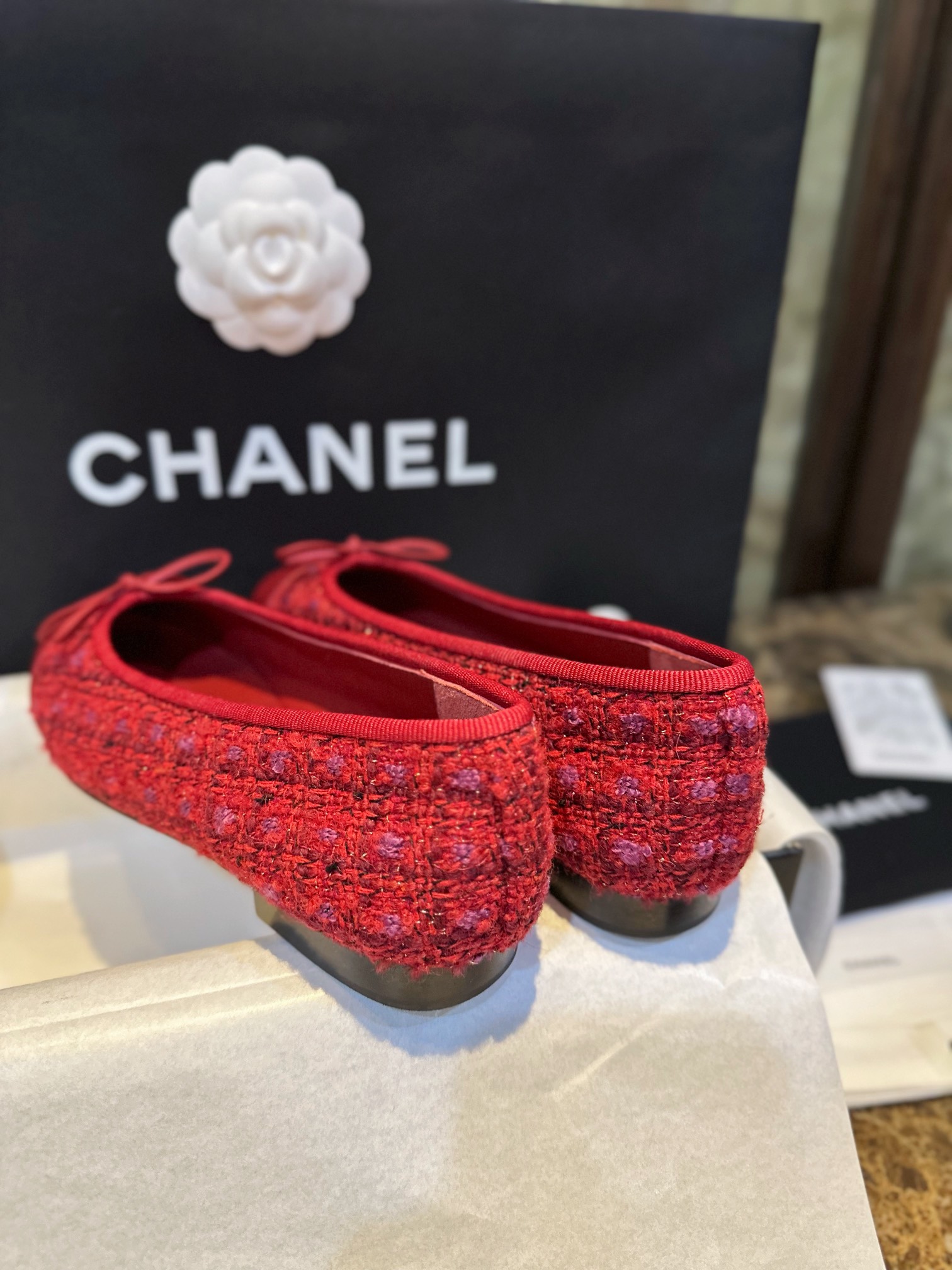 Chanel Red Leather and Wool Ballet Flats