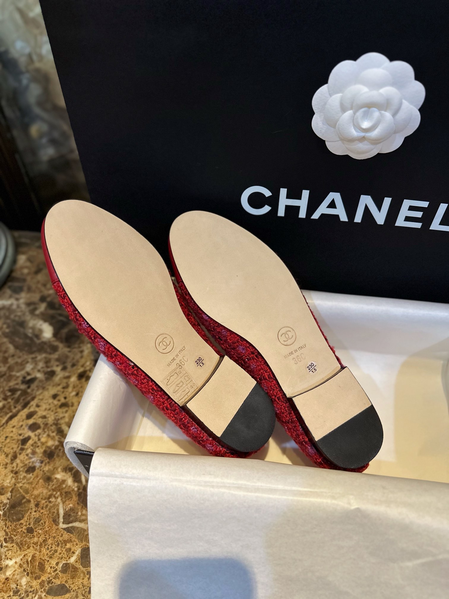 Chanel Red Leather and Wool Ballet Flats